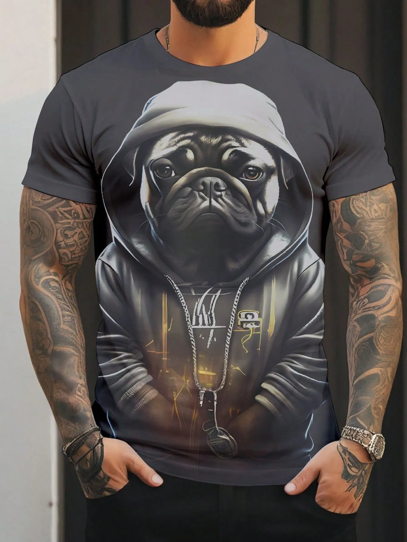 Men's Plus Size Dog Print Round Neck Short Sleeve Casual T-Shirt