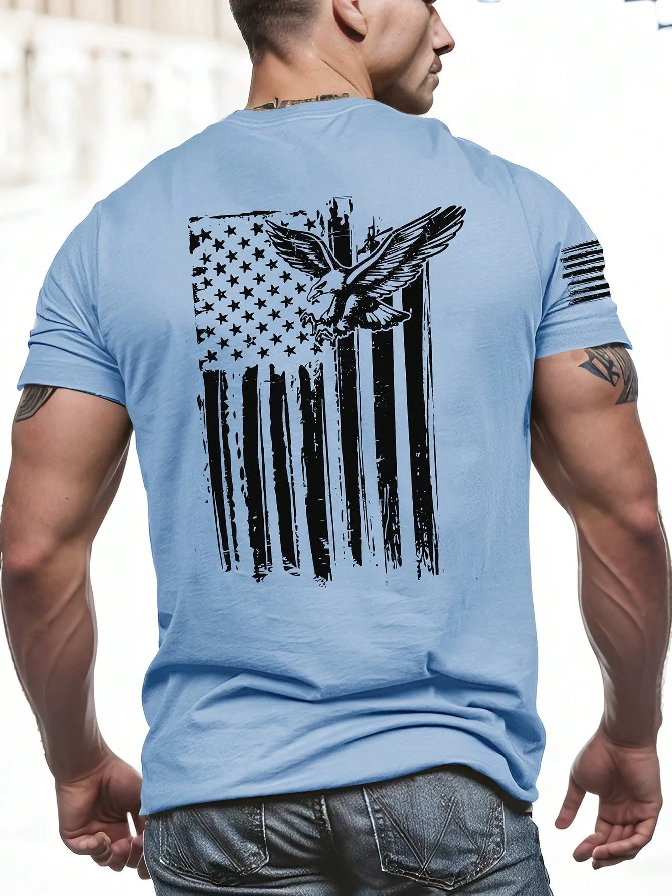 Men's Summer Casual American Eagle Printed Round Neck T-Shirt, Short Sleeve