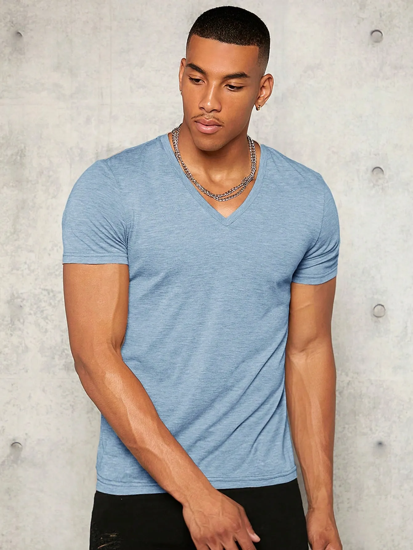 Men's V Neck Short Sleeve T-Shirt - Casual, Slim Fit, Plain, Summer Knit