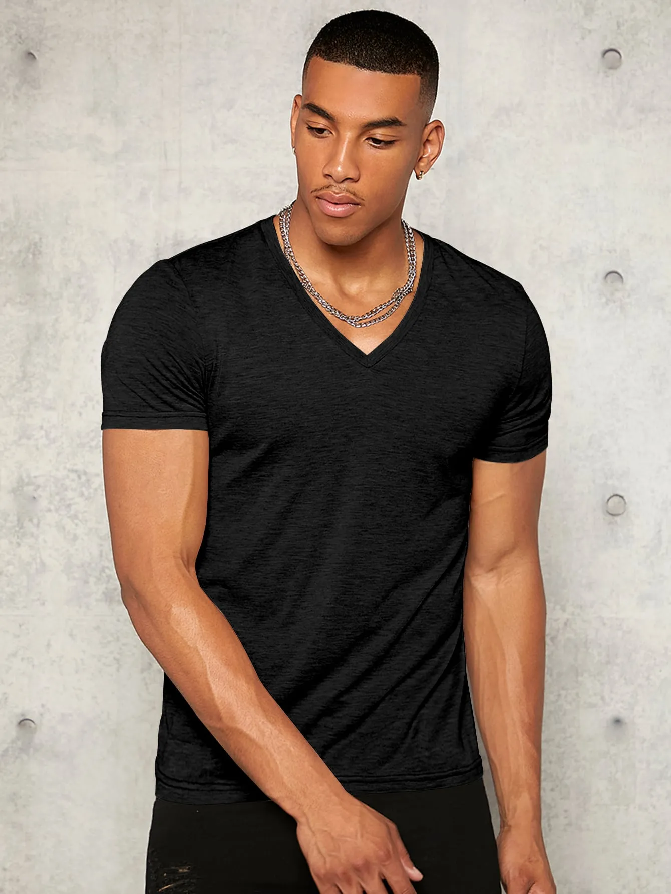 Men's V Neck Short Sleeve T-Shirt - Casual, Slim Fit, Plain, Summer Knit