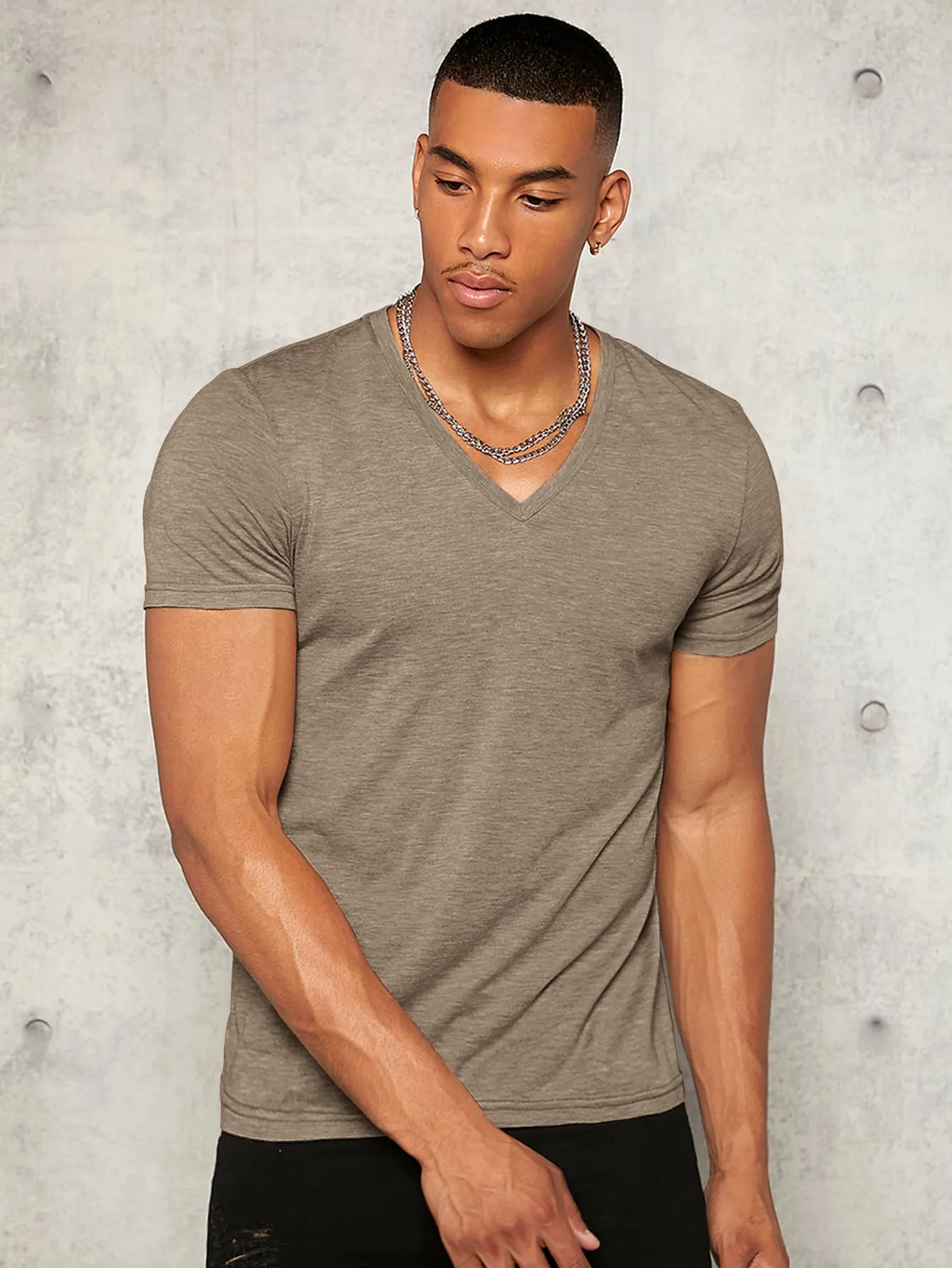 Men's V Neck Short Sleeve T-Shirt - Casual, Slim Fit, Plain, Summer Knit