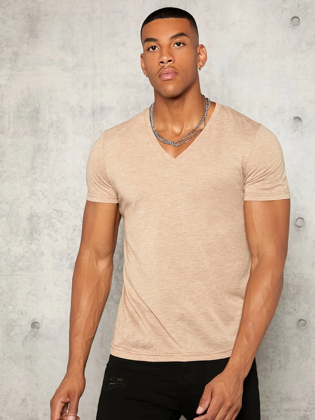 Men's V Neck Short Sleeve T-Shirt - Casual, Slim Fit, Plain, Summer Knit