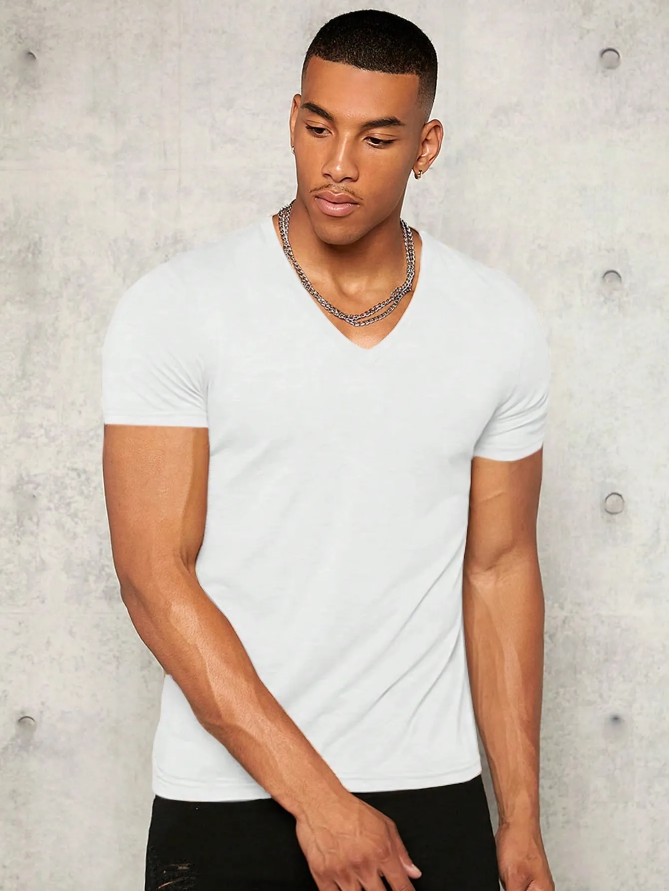 Men's V Neck Short Sleeve T-Shirt - Casual, Slim Fit, Plain, Summer Knit