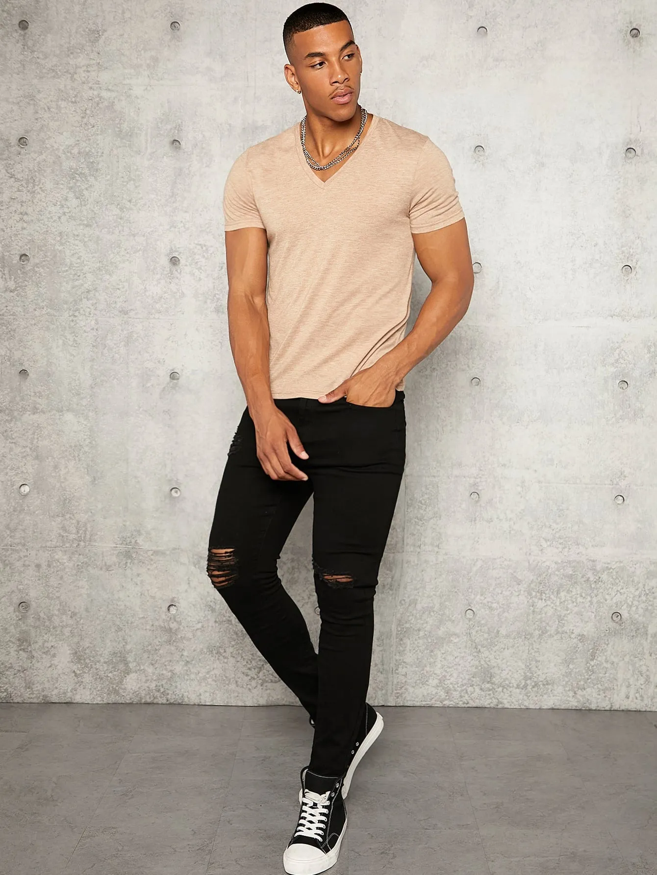 Men's V Neck Short Sleeve T-Shirt - Casual, Slim Fit, Plain, Summer Knit