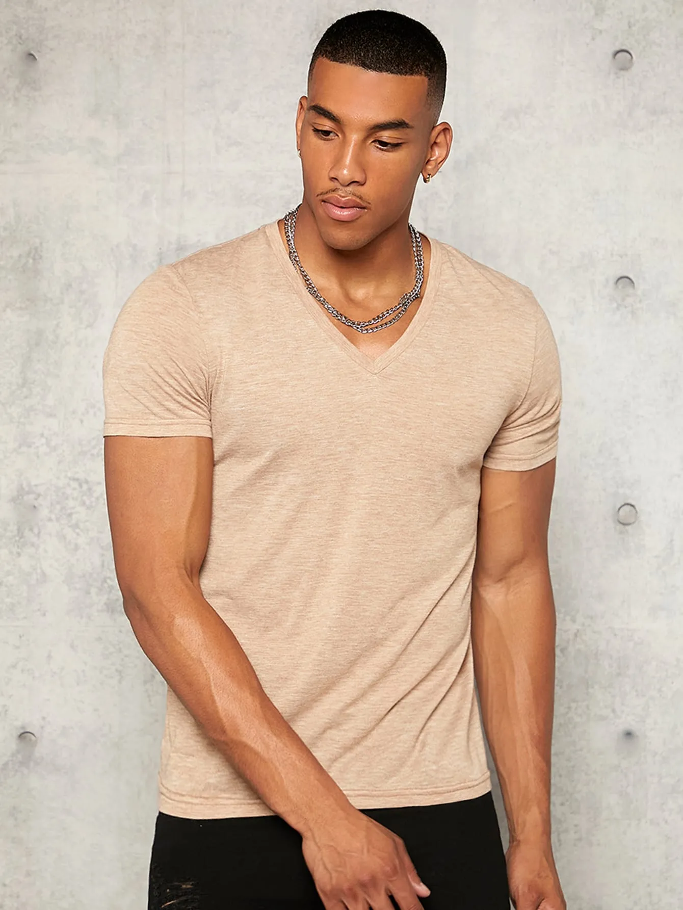 Men's V Neck Short Sleeve T-Shirt - Casual, Slim Fit, Plain, Summer Knit