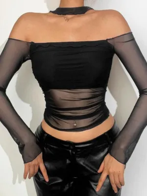 Mesh Halter Long Sleeve Tee