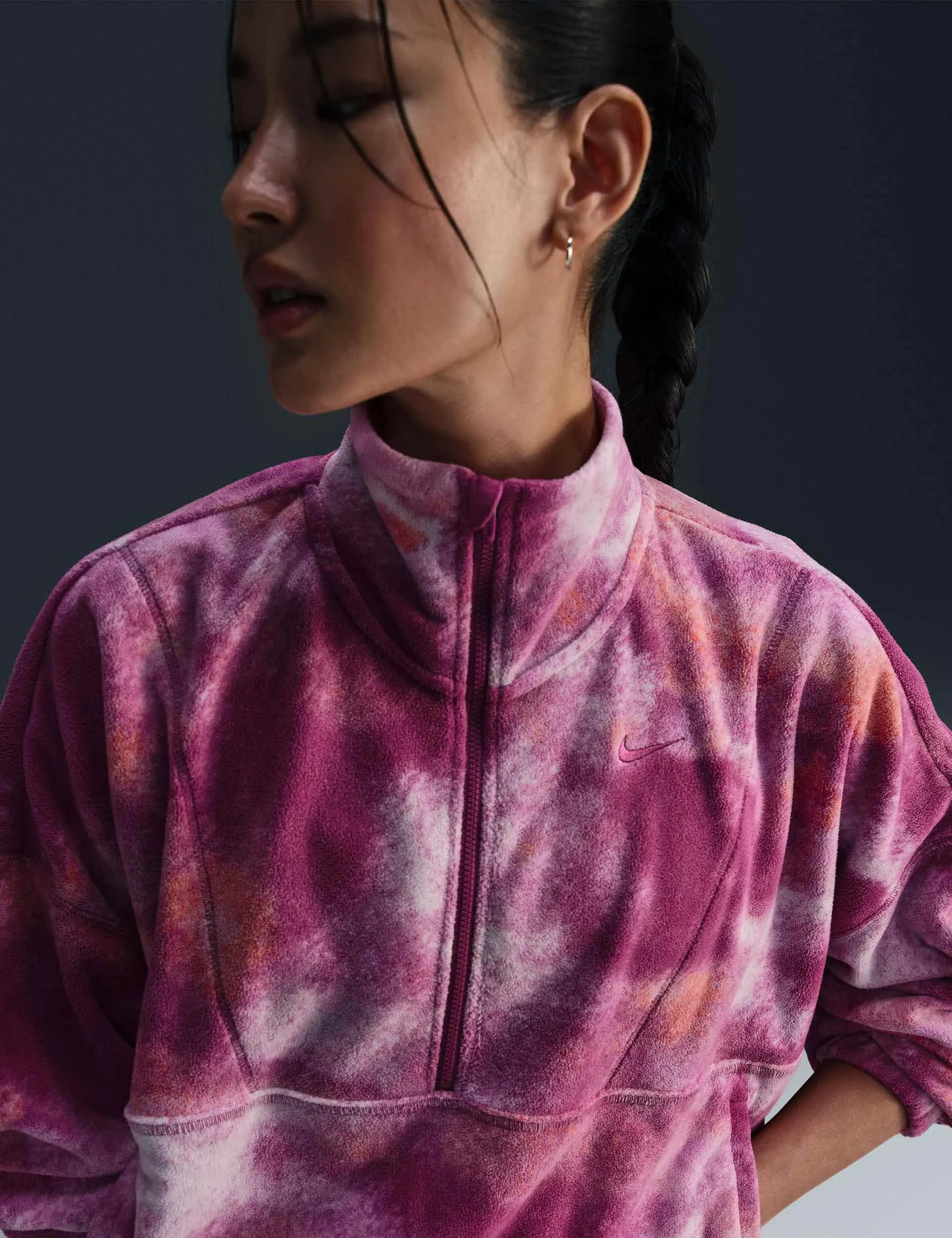 One Oversized 1/2-Zip Fleece Printed Top - Hot Fuchsia