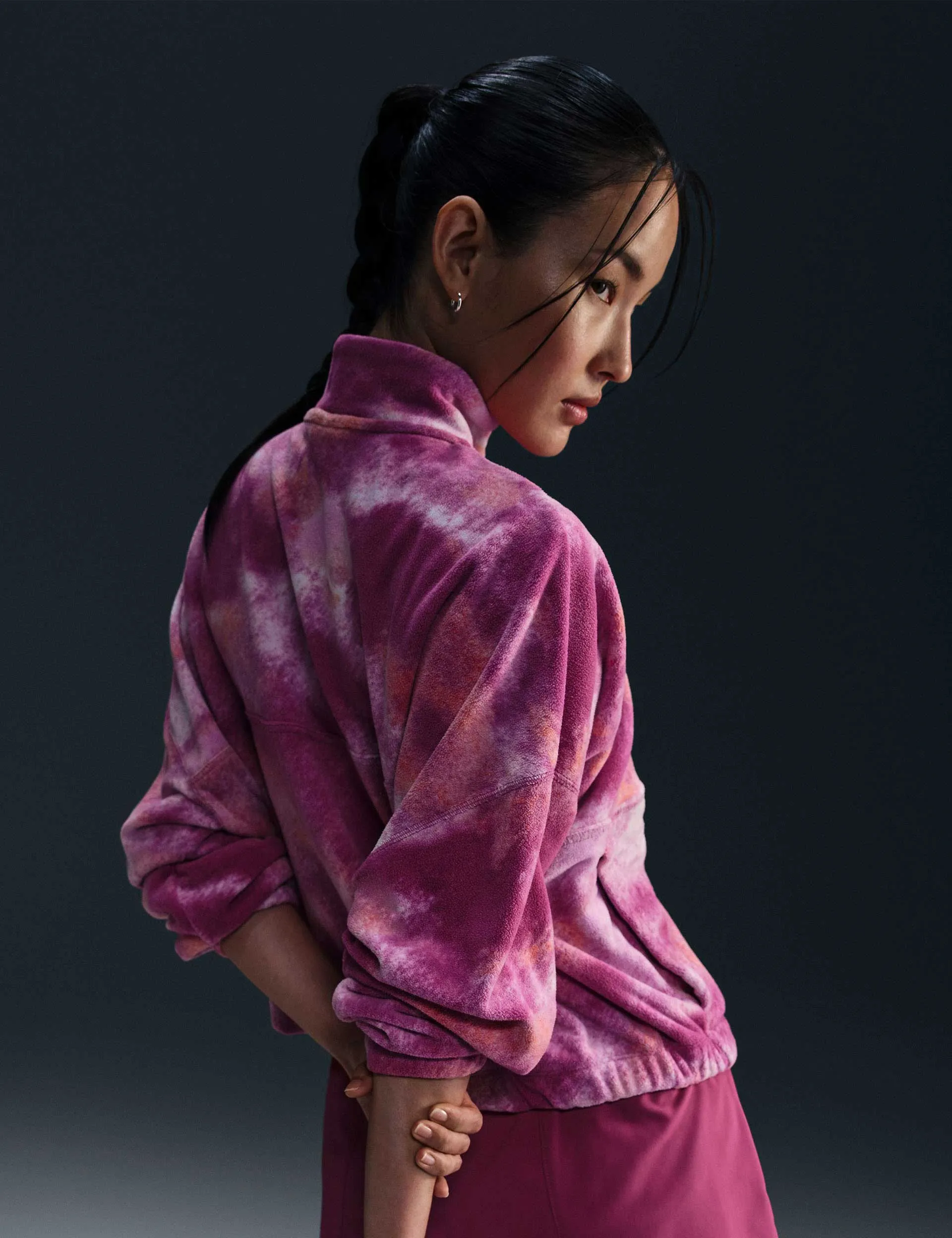 One Oversized 1/2-Zip Fleece Printed Top - Hot Fuchsia