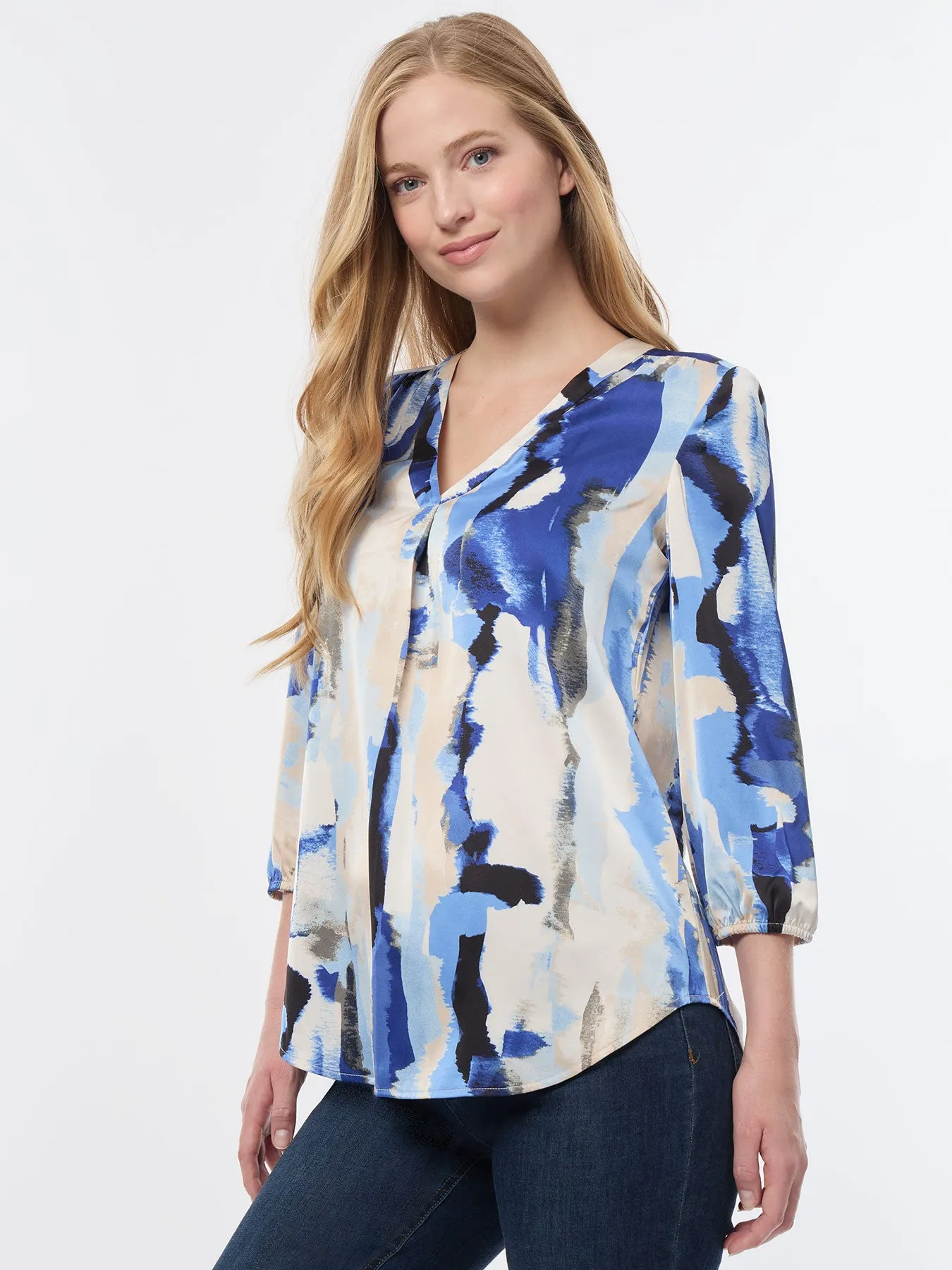 Plus V-Neck Pleated Kelly Blouse, Crepe De Chine