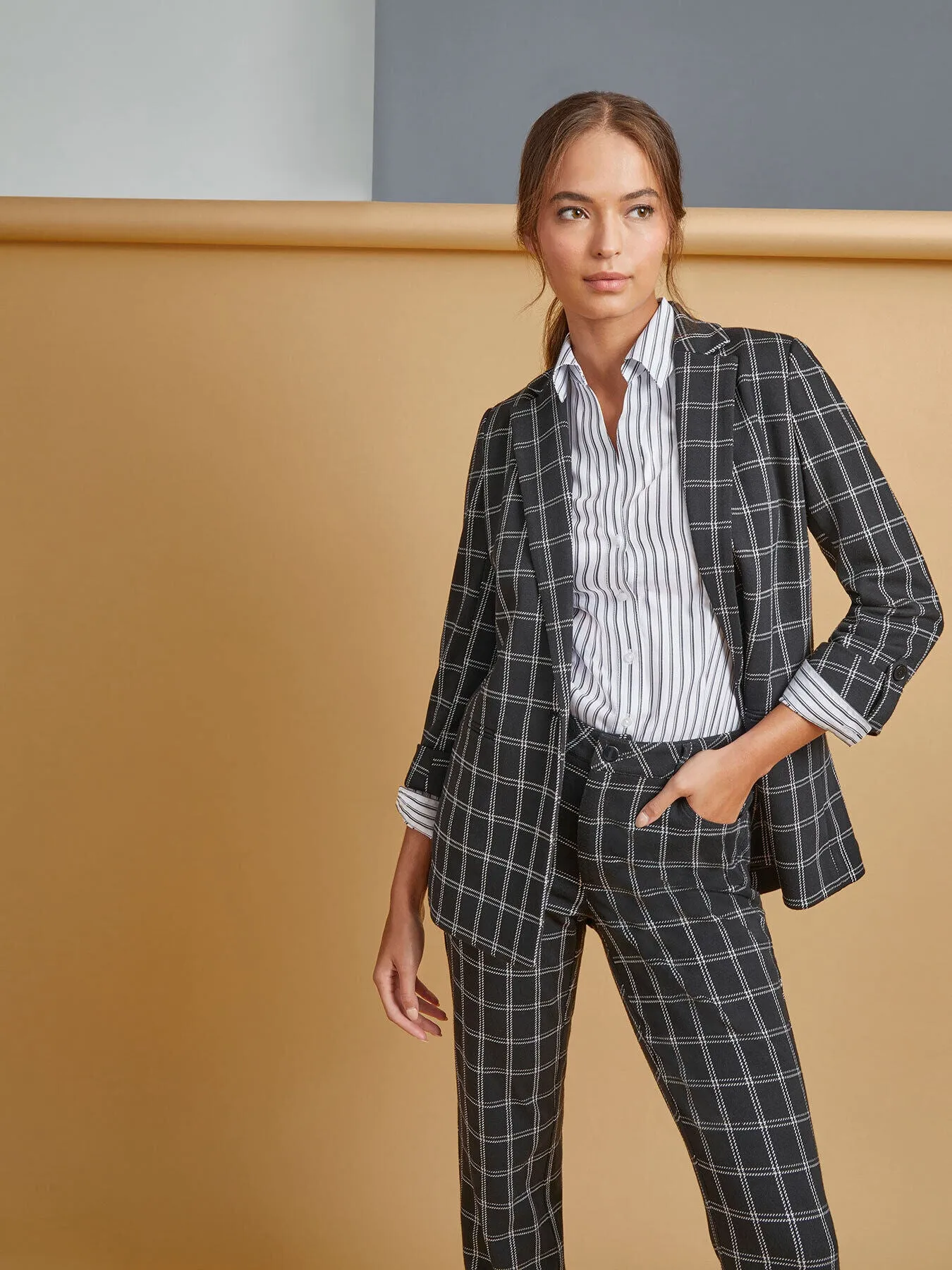 Ponte Plaid Wing Collar Rolled Tab Blazer