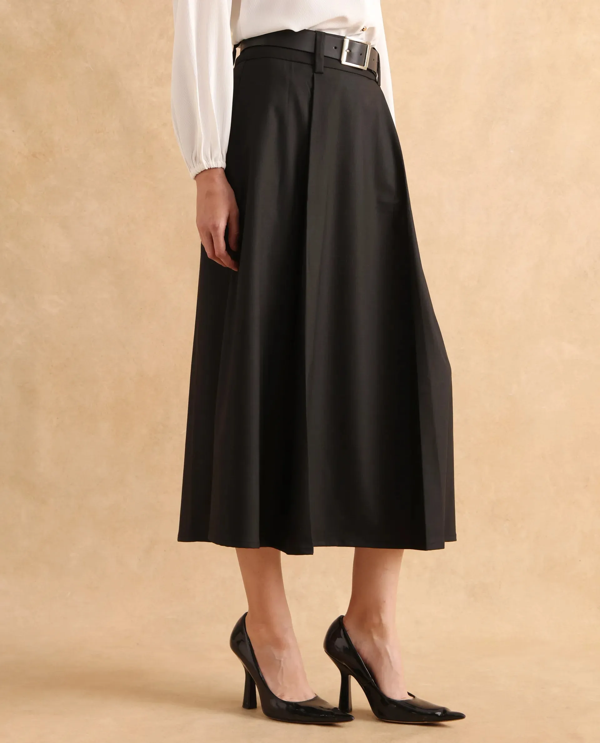 Rareism Women Noblopa Black Poly Viscose Fabric Zipper Closure A-Line Midi Plain Skirt