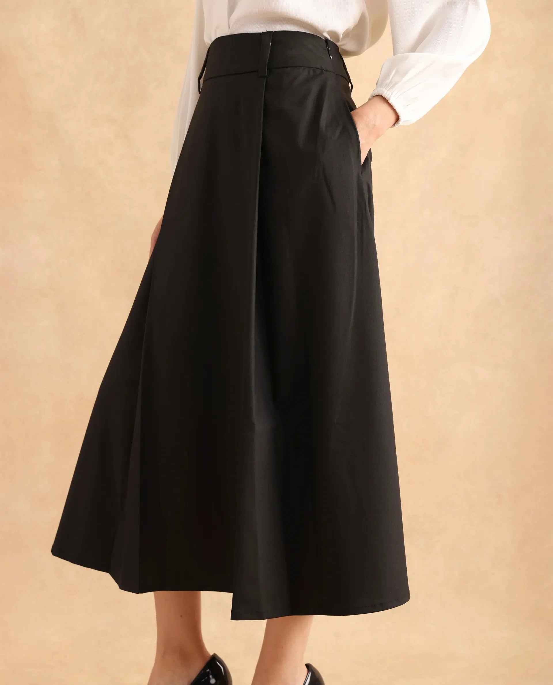 Rareism Women Noblopa Black Poly Viscose Fabric Zipper Closure A-Line Midi Plain Skirt