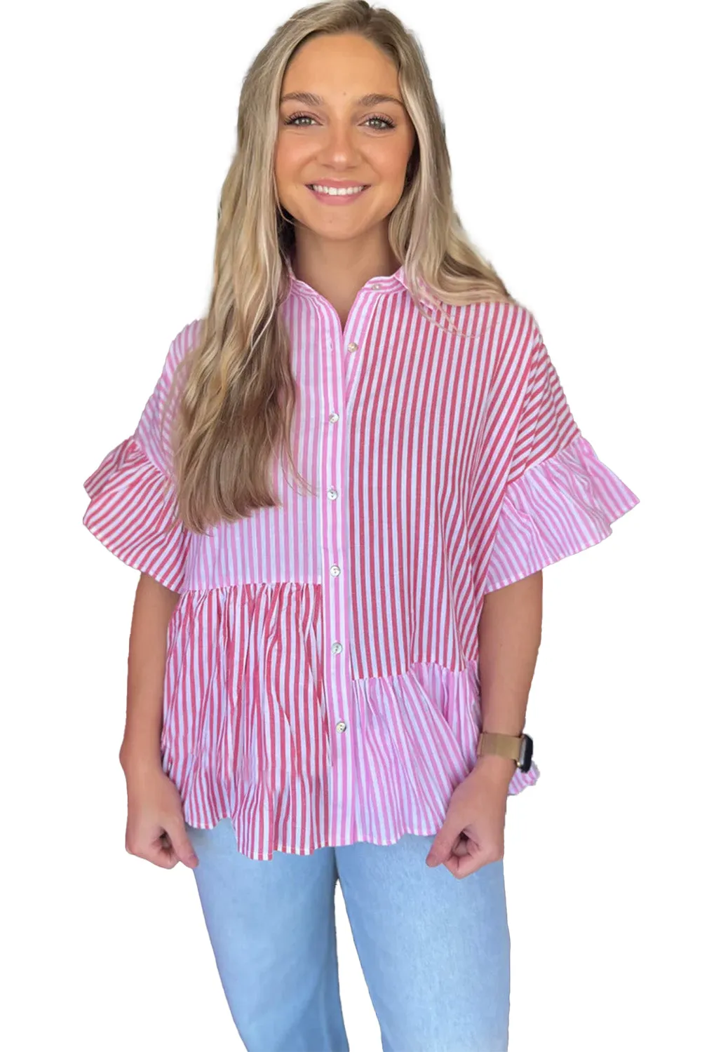 Ruffled Pink Stripe Button Shirt