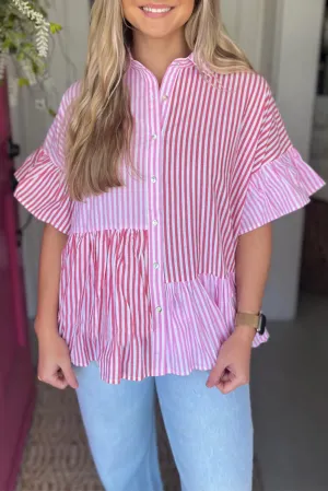 Ruffled Pink Stripe Button Shirt