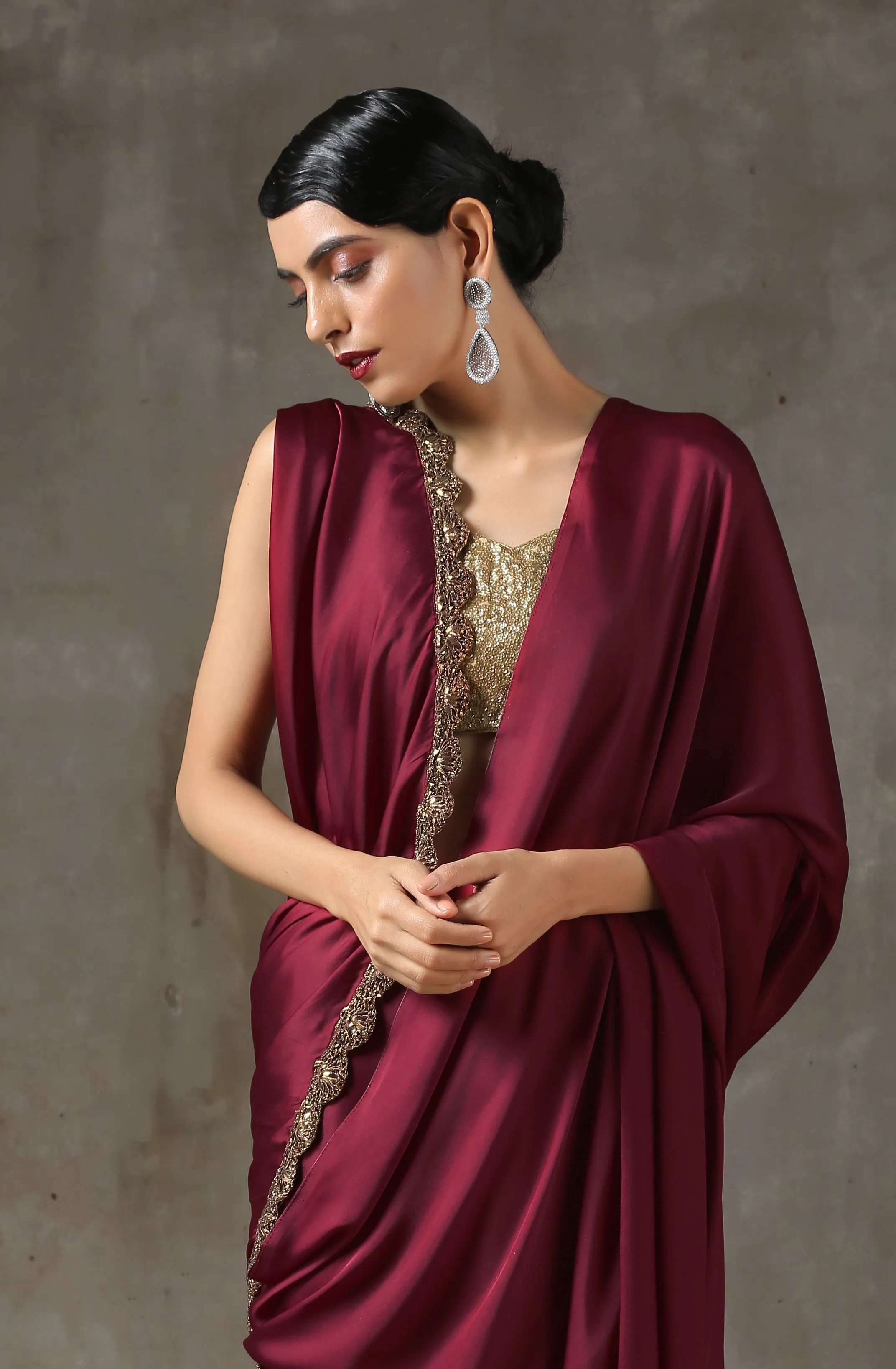 Sangria Satin Saree with Bronze Handmade Lace