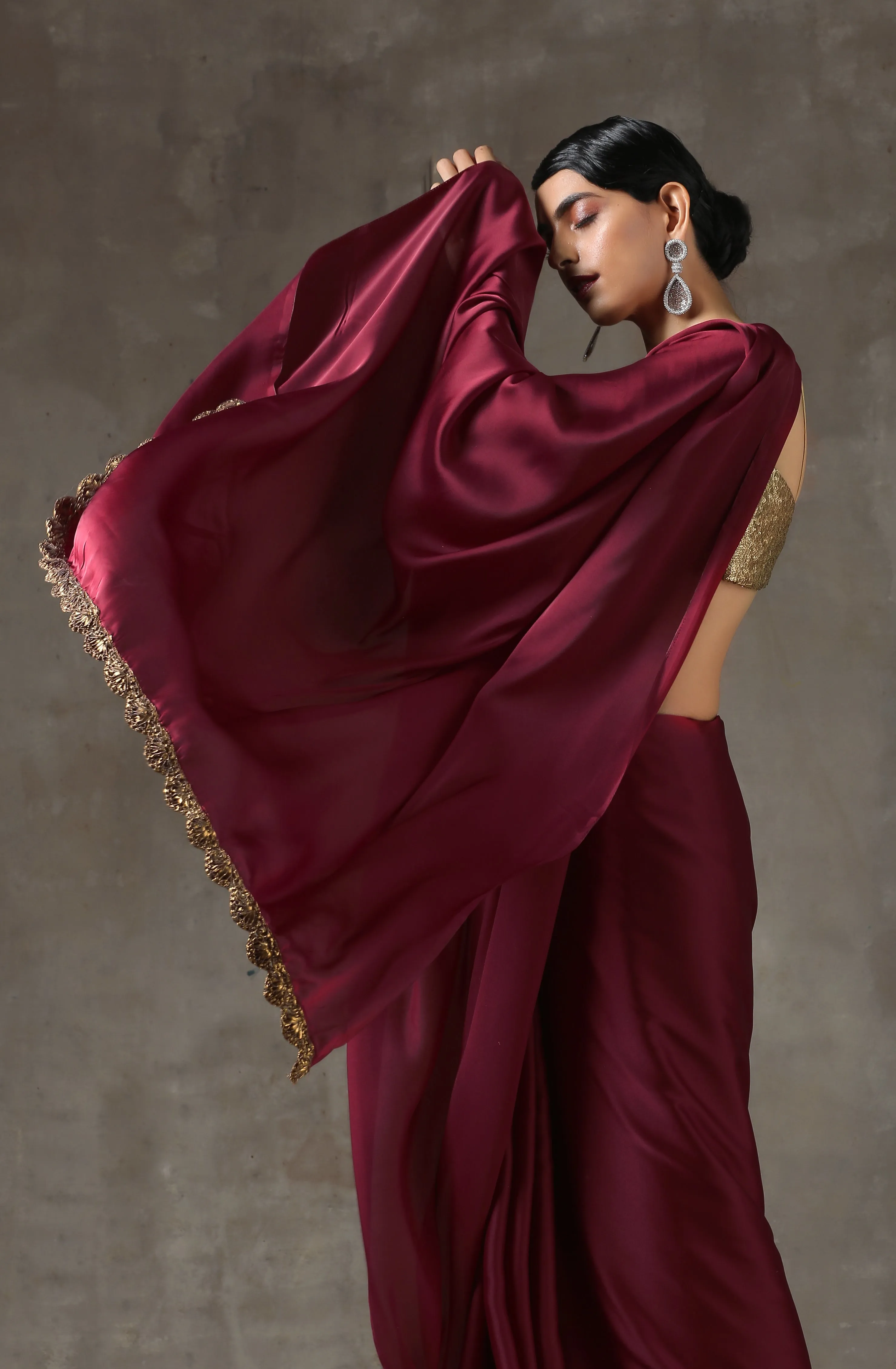 Sangria Satin Saree with Bronze Handmade Lace