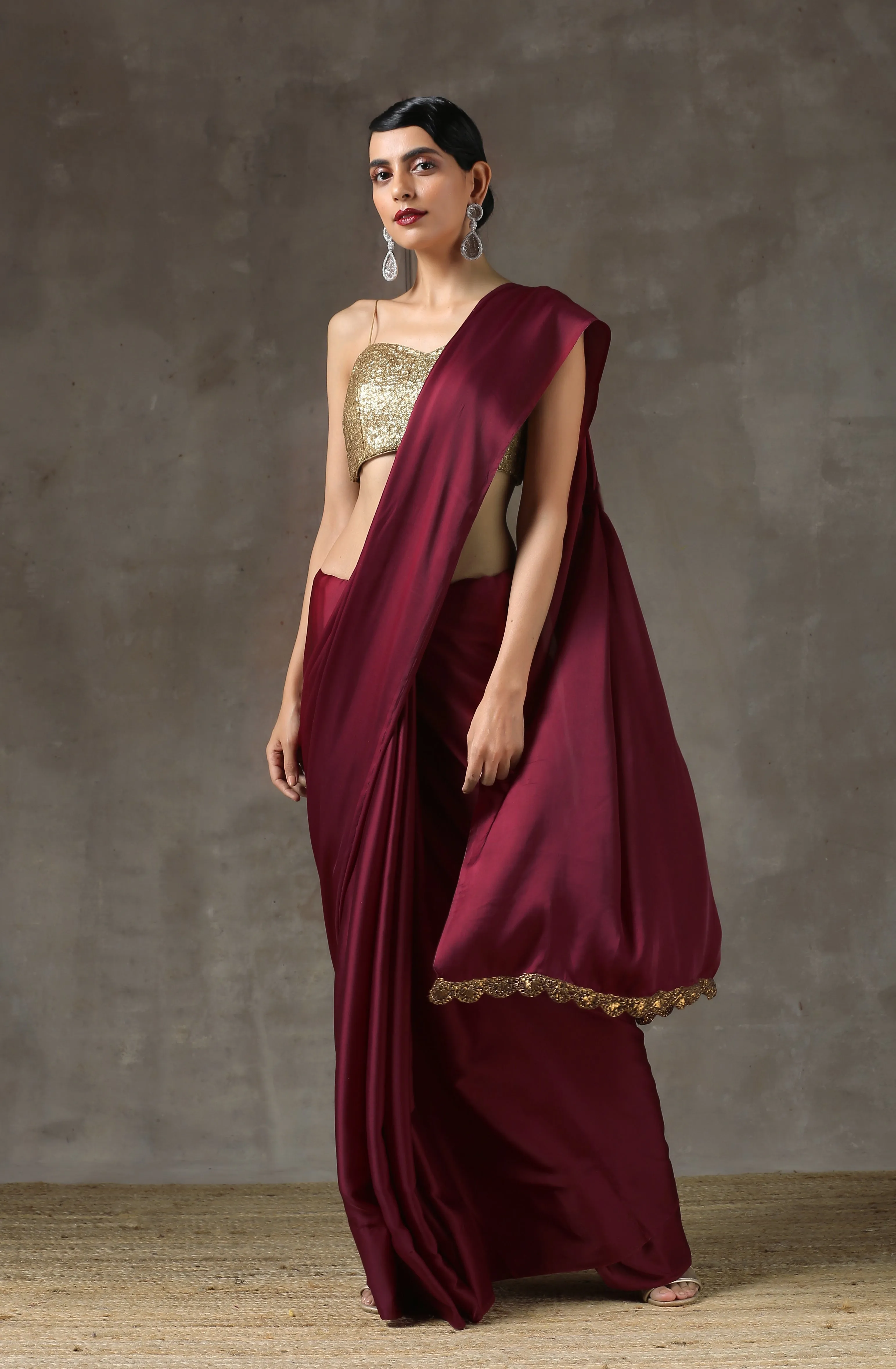 Sangria Satin Saree with Bronze Handmade Lace