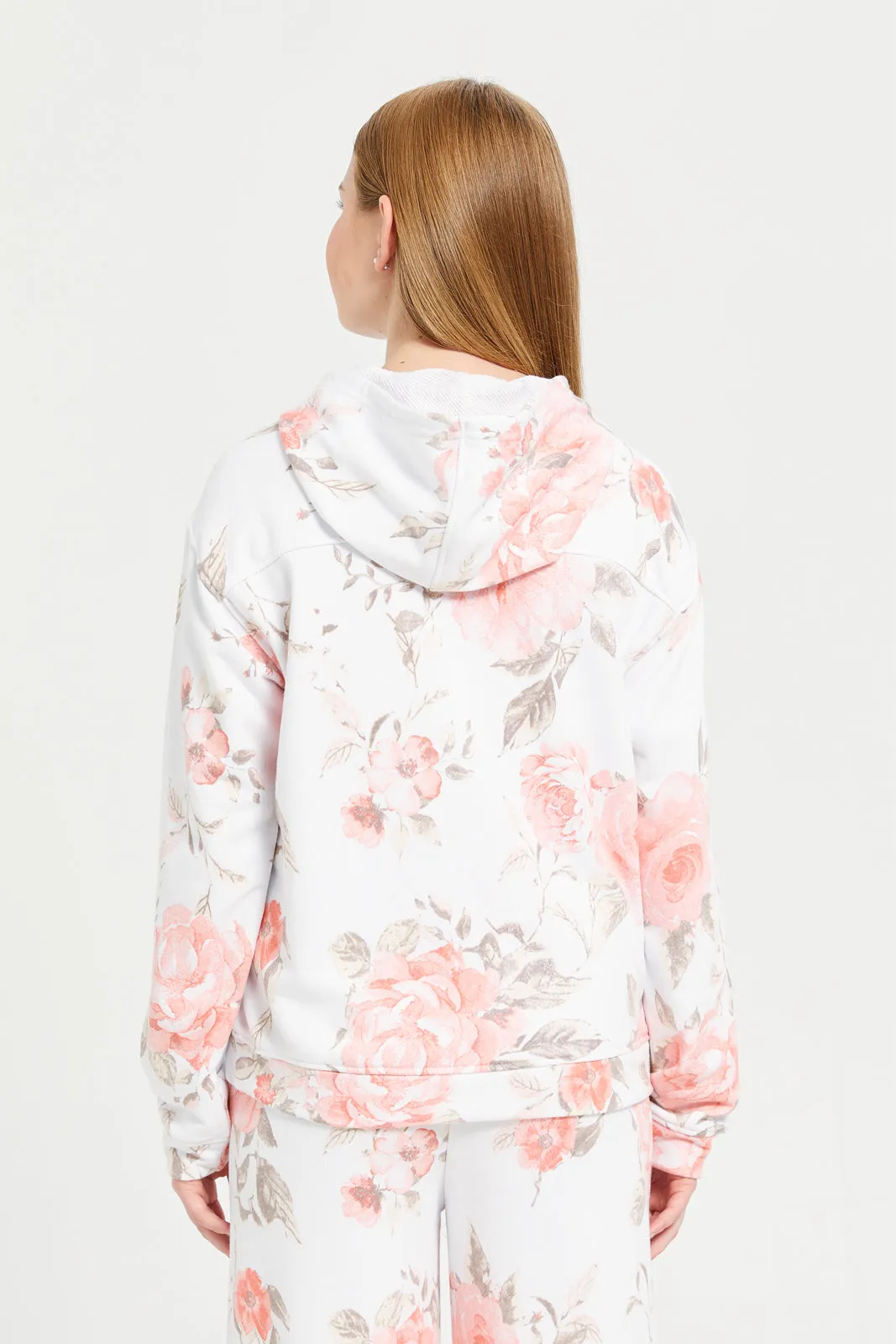 Senior Girls White Floral Hooded Sweatshirt