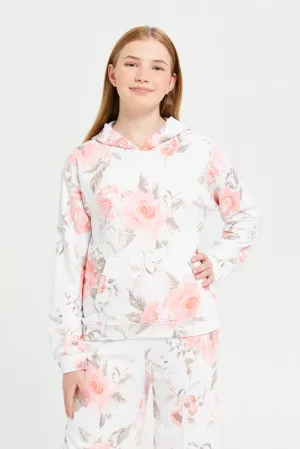 Senior Girls White Floral Hooded Sweatshirt