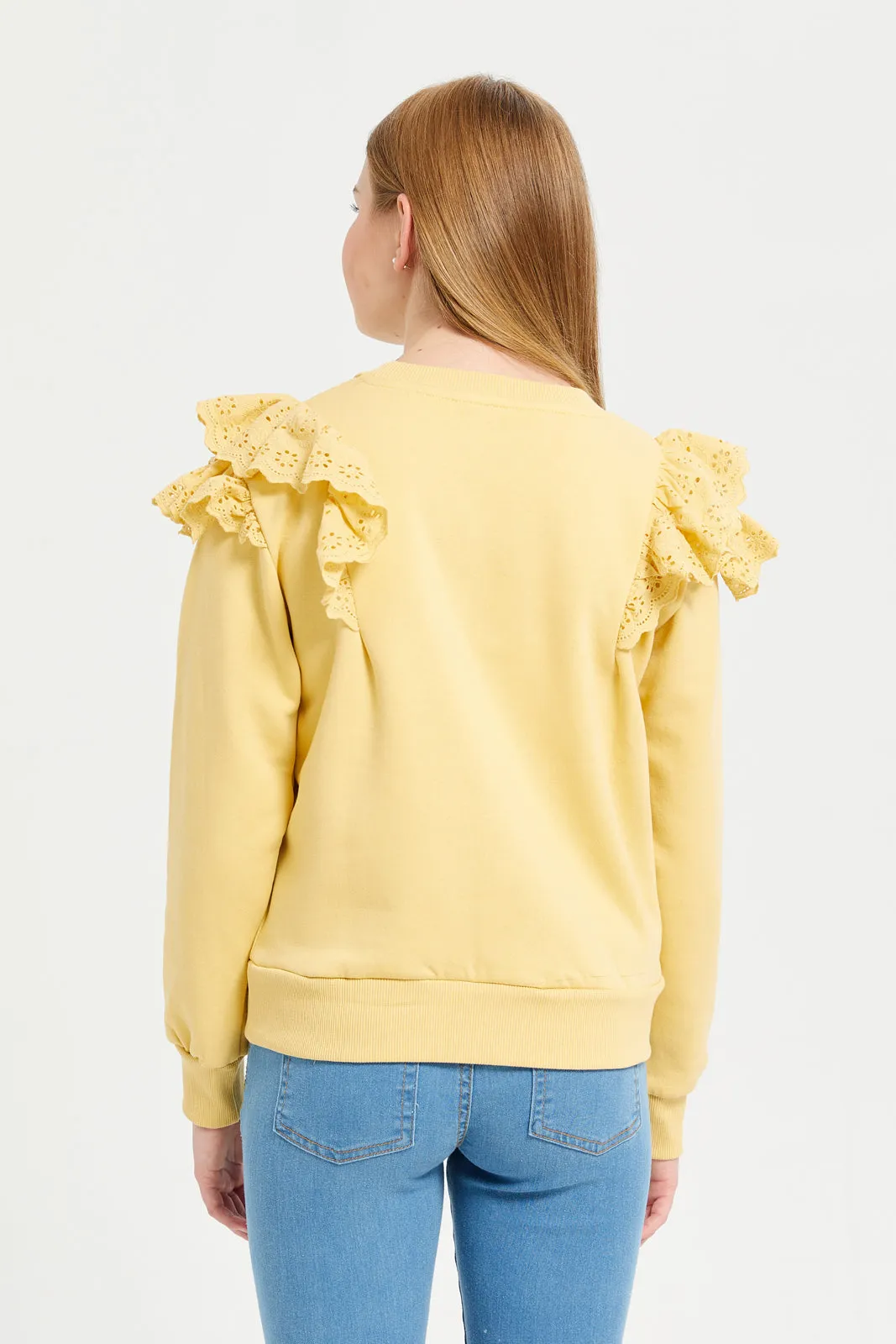 Senior Girls Yellow Ruffled Sleeves Sweatshirt