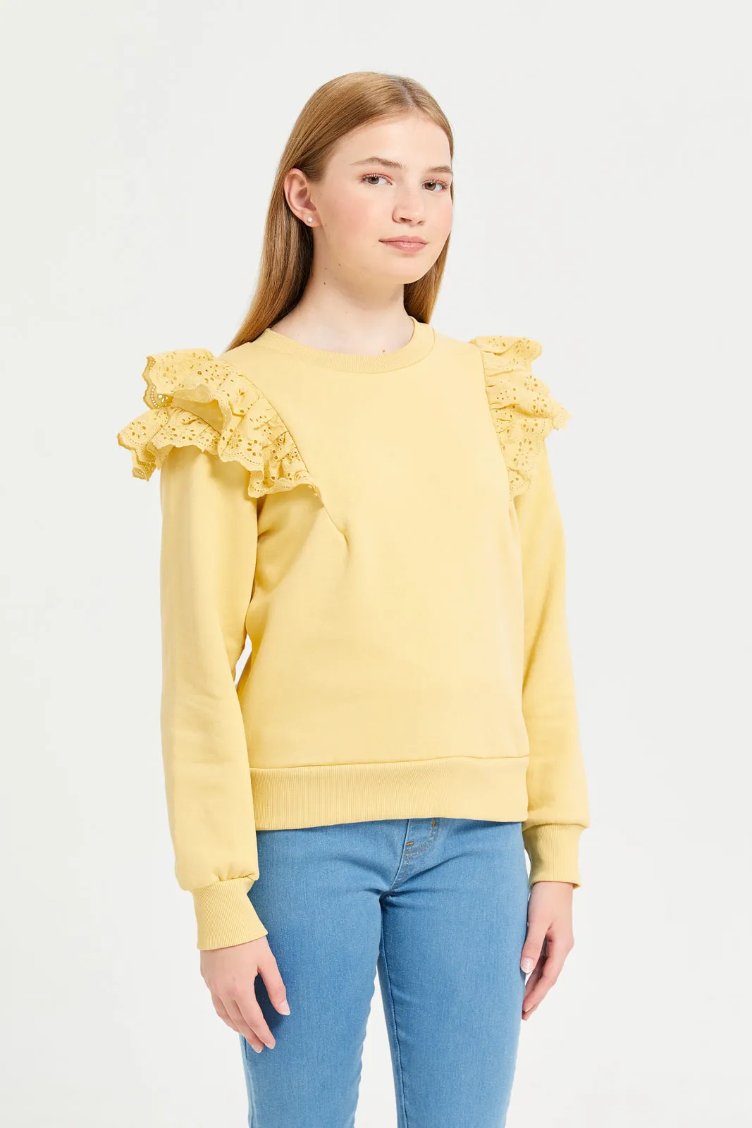 Senior Girls Yellow Ruffled Sleeves Sweatshirt