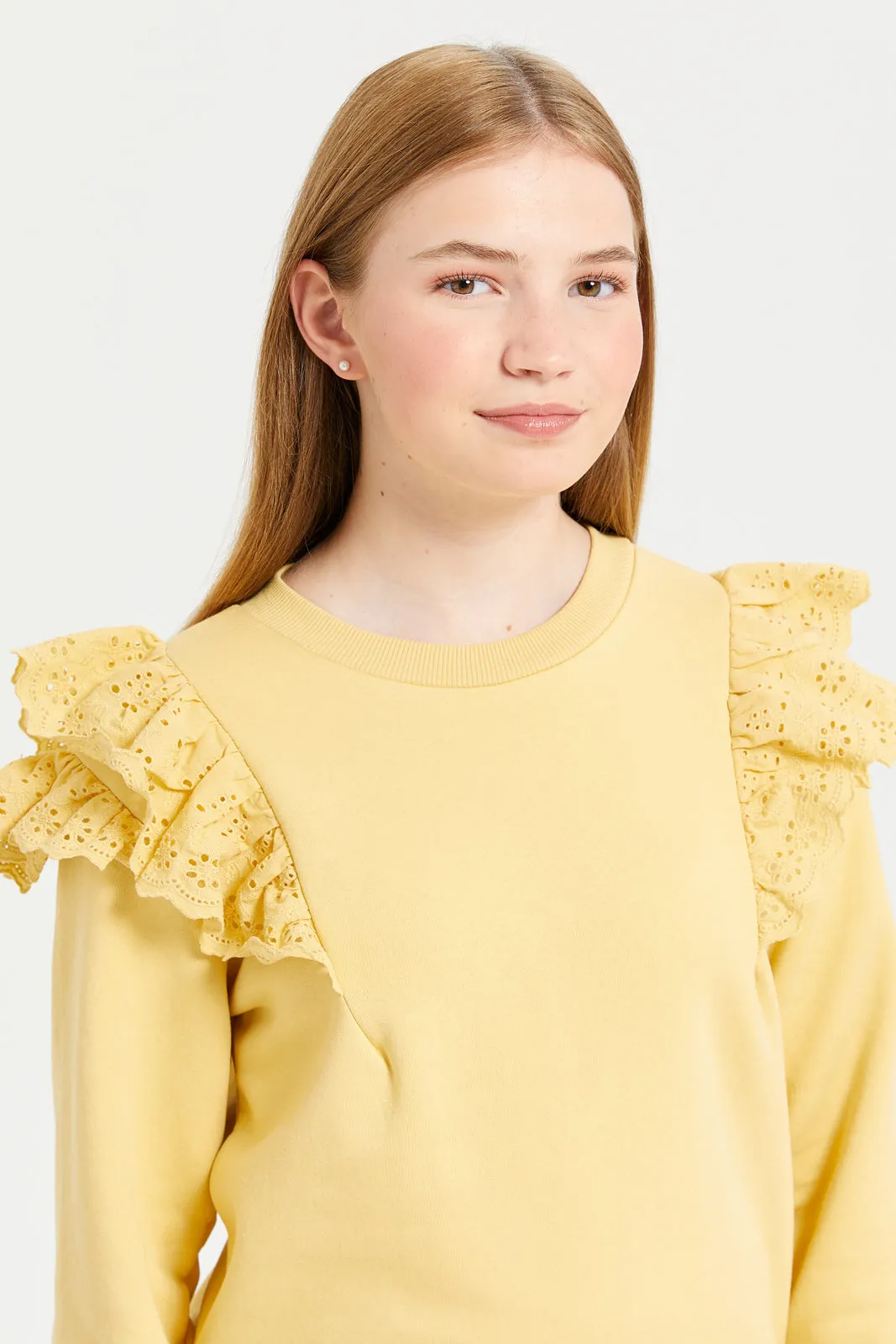 Senior Girls Yellow Ruffled Sleeves Sweatshirt