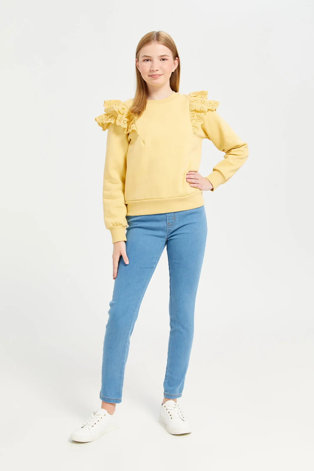 Senior Girls Yellow Ruffled Sleeves Sweatshirt