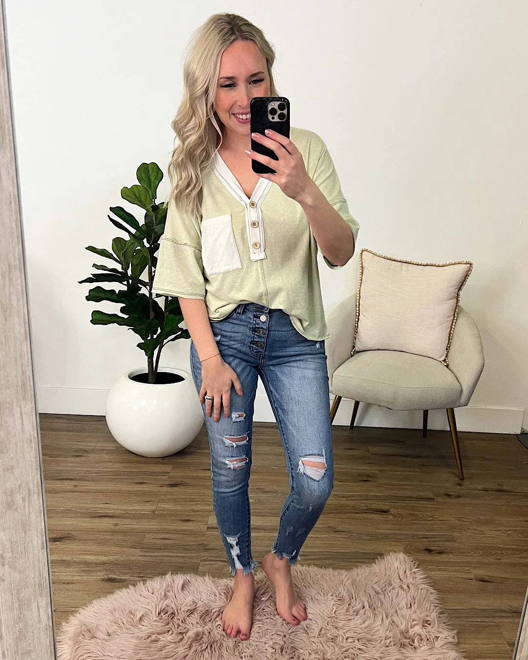 Sharon Light Green V Neck Henley Top