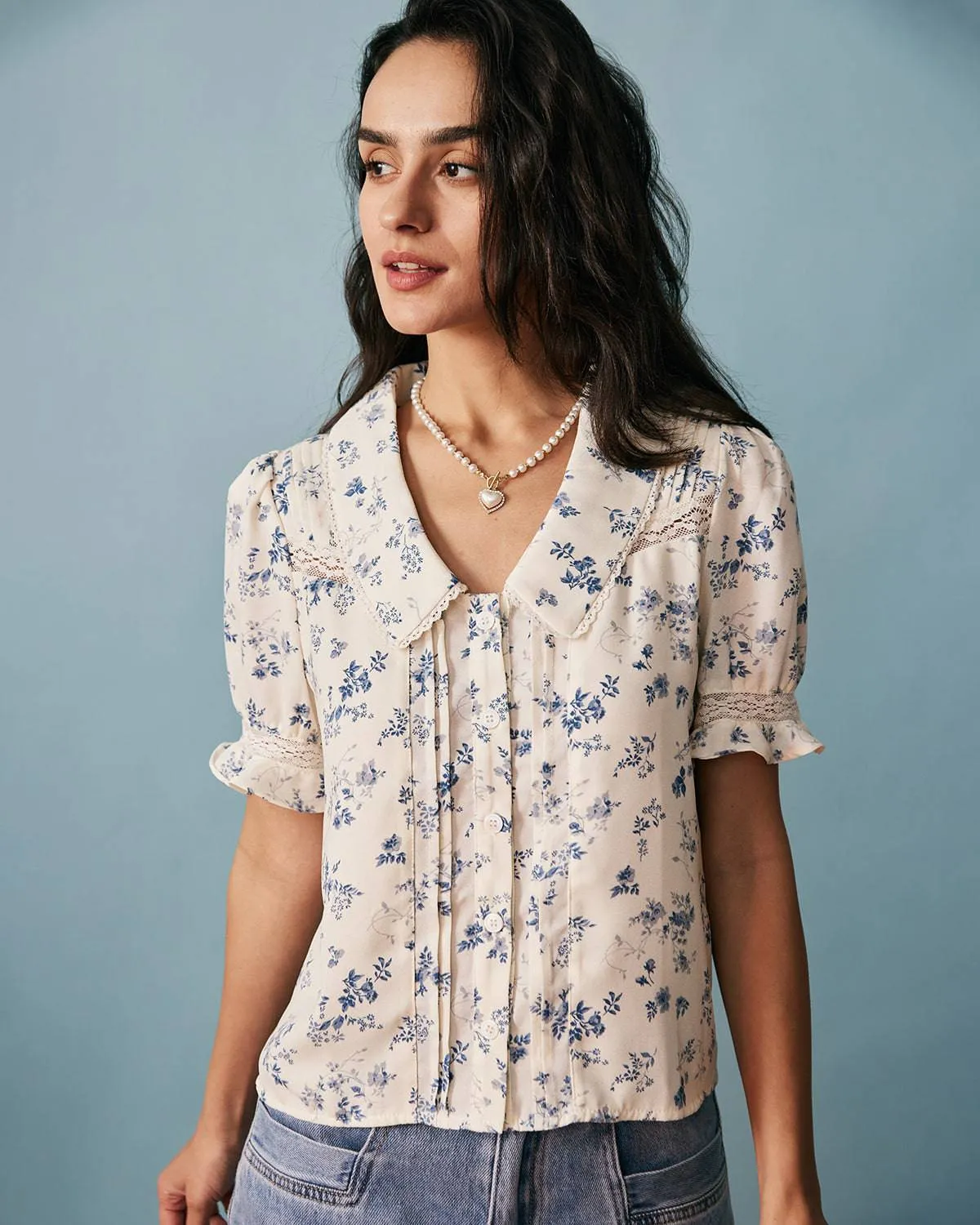 The Lace Spliced Pleated Floral Shirt