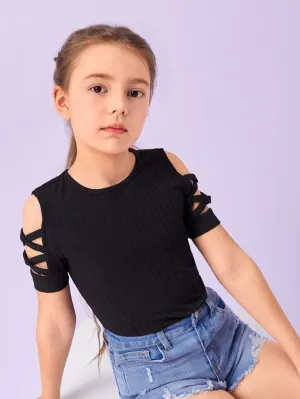 Tween Girl Casual Knit T-Shirt - Cross Back, Short Sleeve, Slim Fit, Forest-Safe Fibers