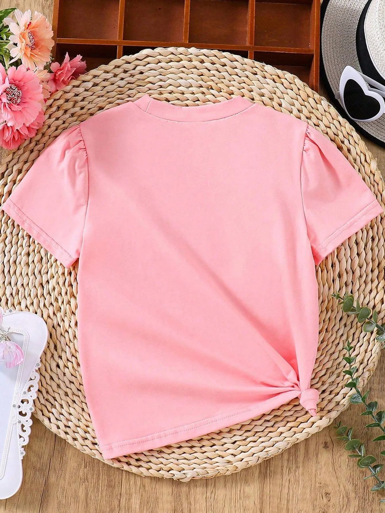 Tween Girl Casual Round Neck Knit T-Shirt - Letter & Embossed Design, Short Sleeve