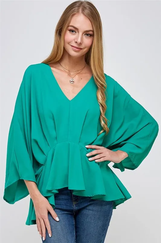 V-Neck 3/4 Sleeve Peplum Blouse in Green