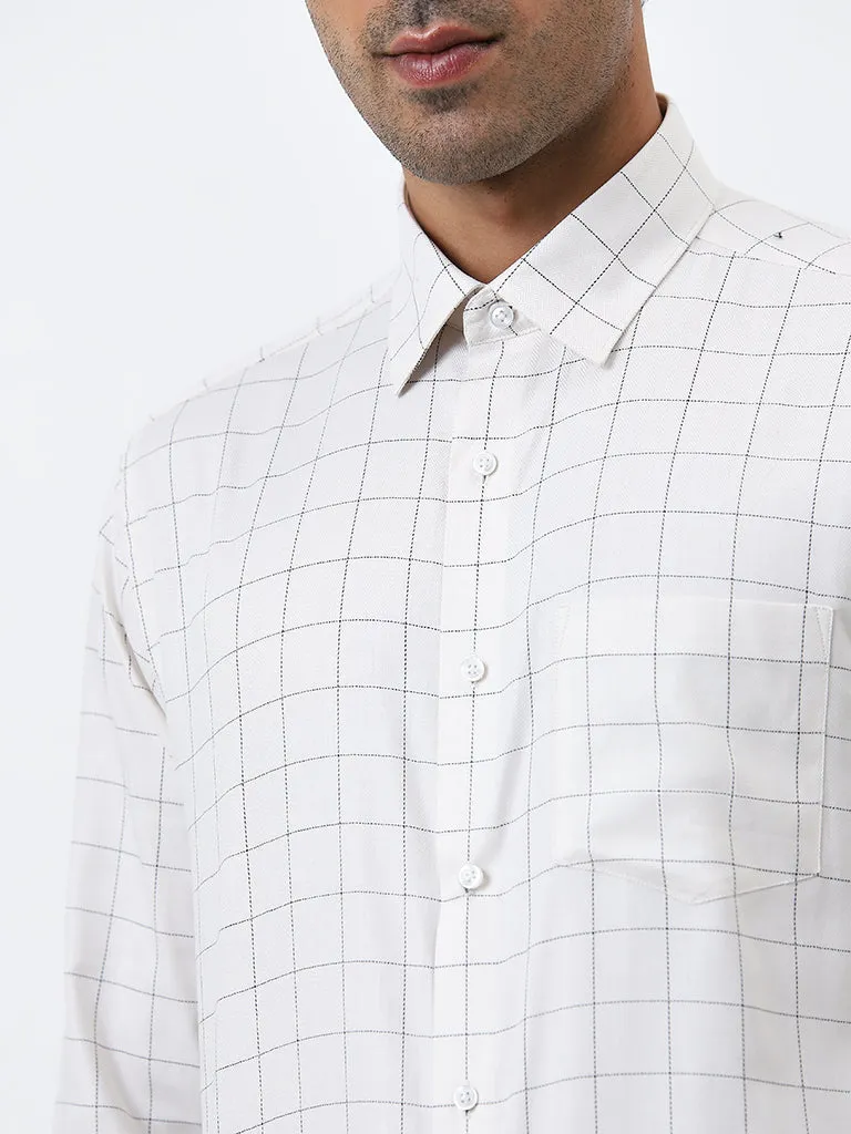 WES Formals White Checkered Slim Fit Cotton Shirt