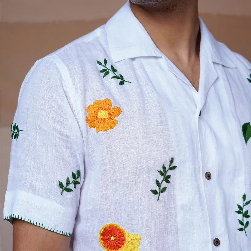 White Linen Embroidered Shirt | Unisex