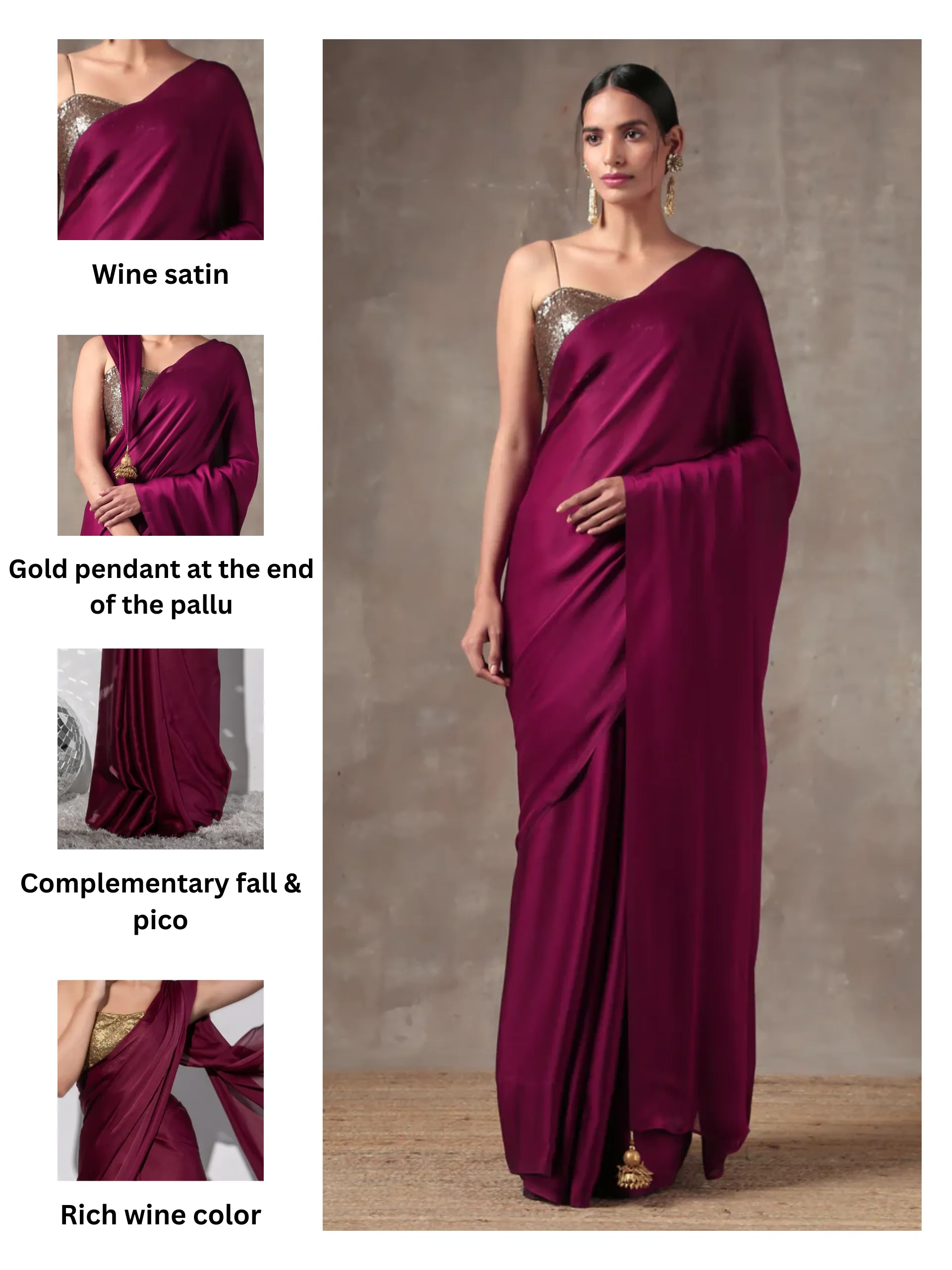 Wine Satin Saree with Bronze Pendants