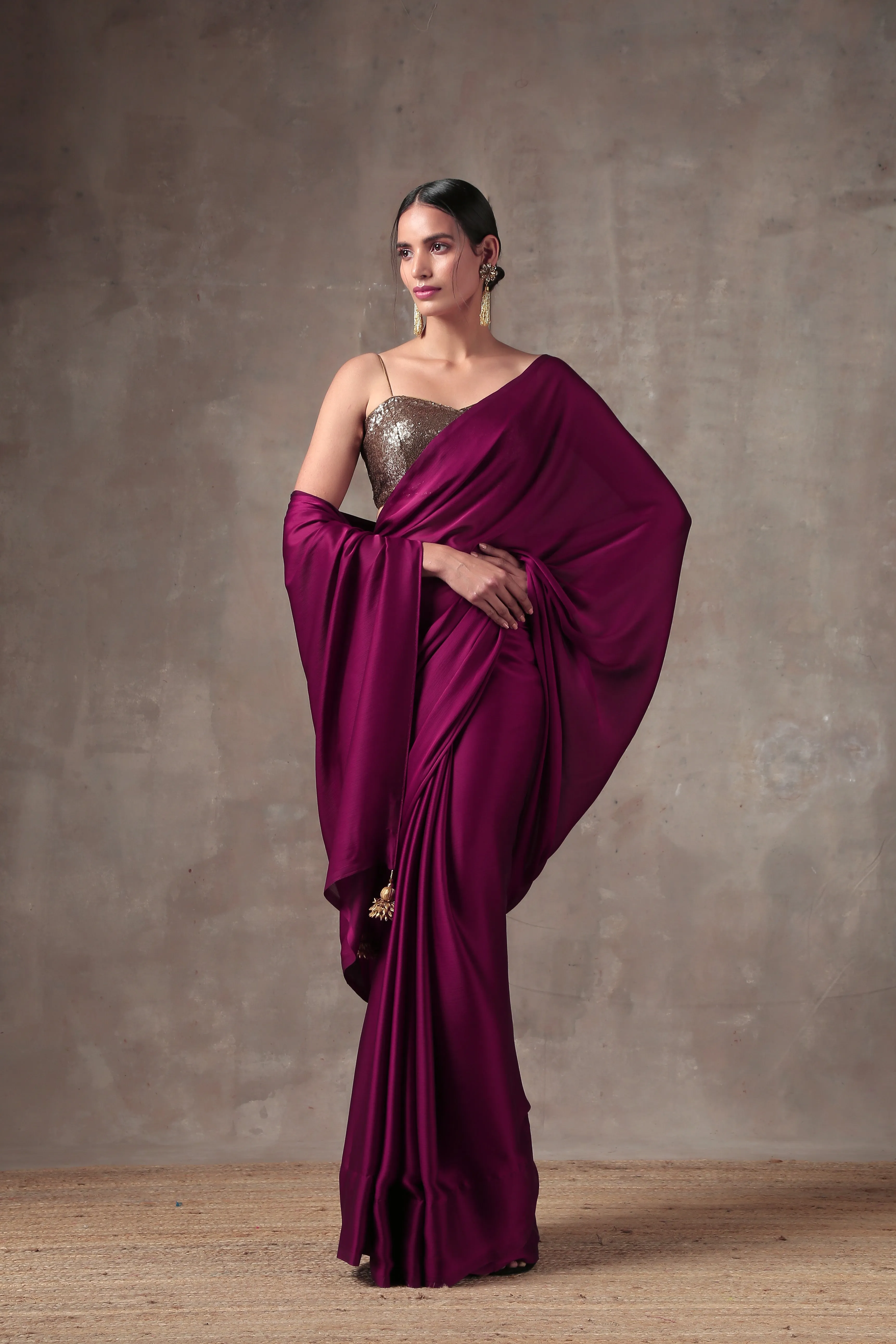 Wine Satin Saree with Bronze Pendants