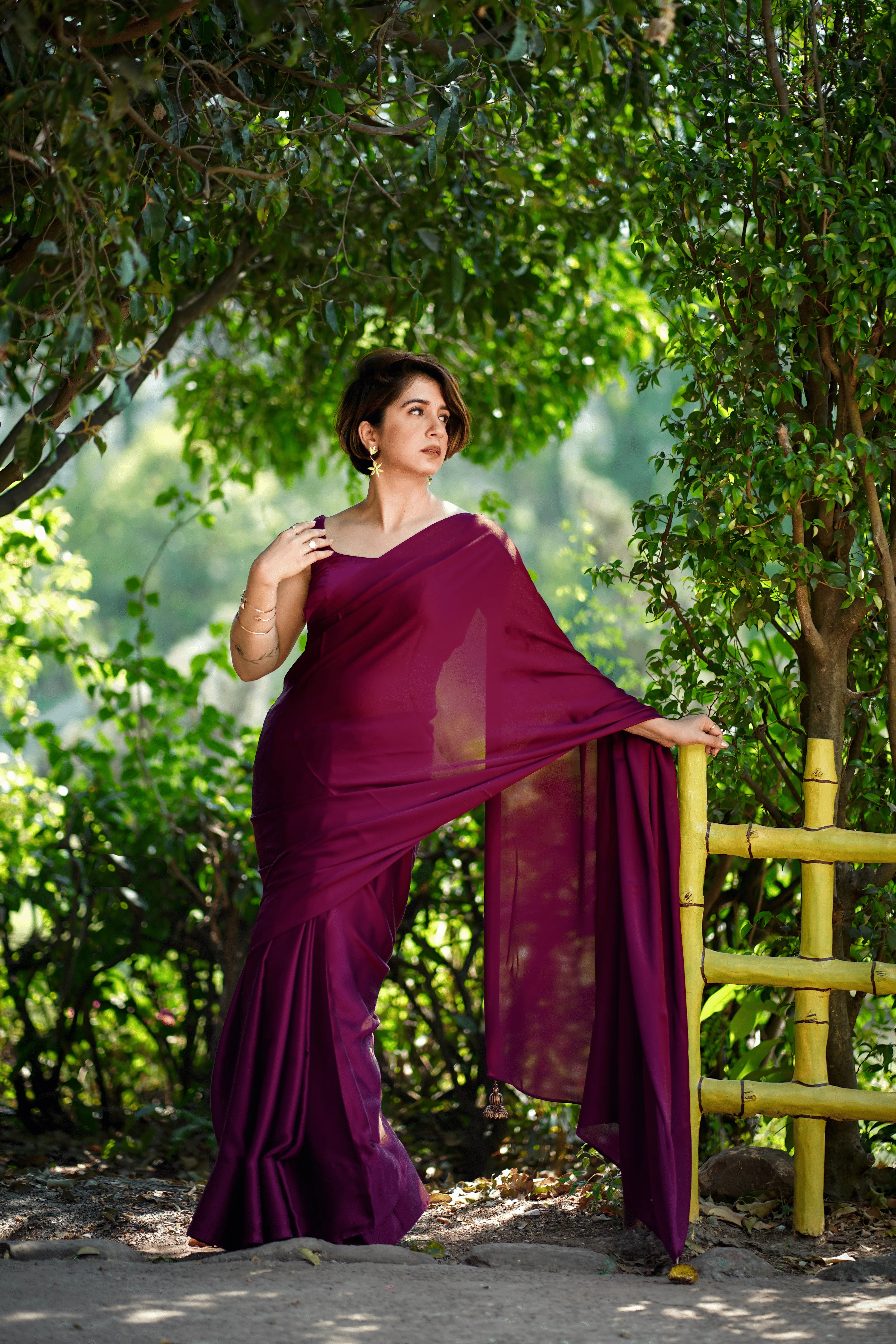 Wine Satin Saree with Bronze Pendants