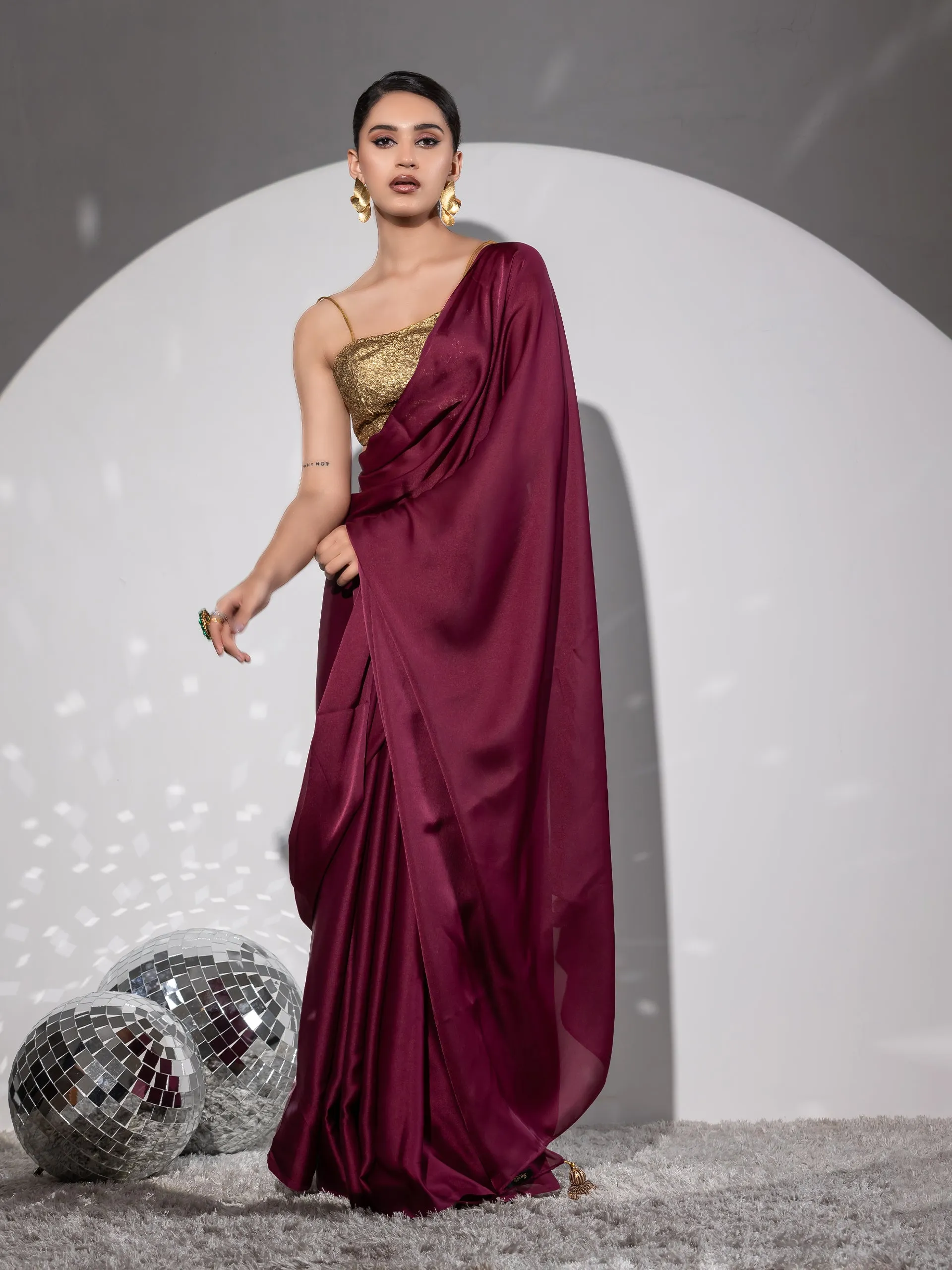 Wine Satin Saree with Bronze Pendants