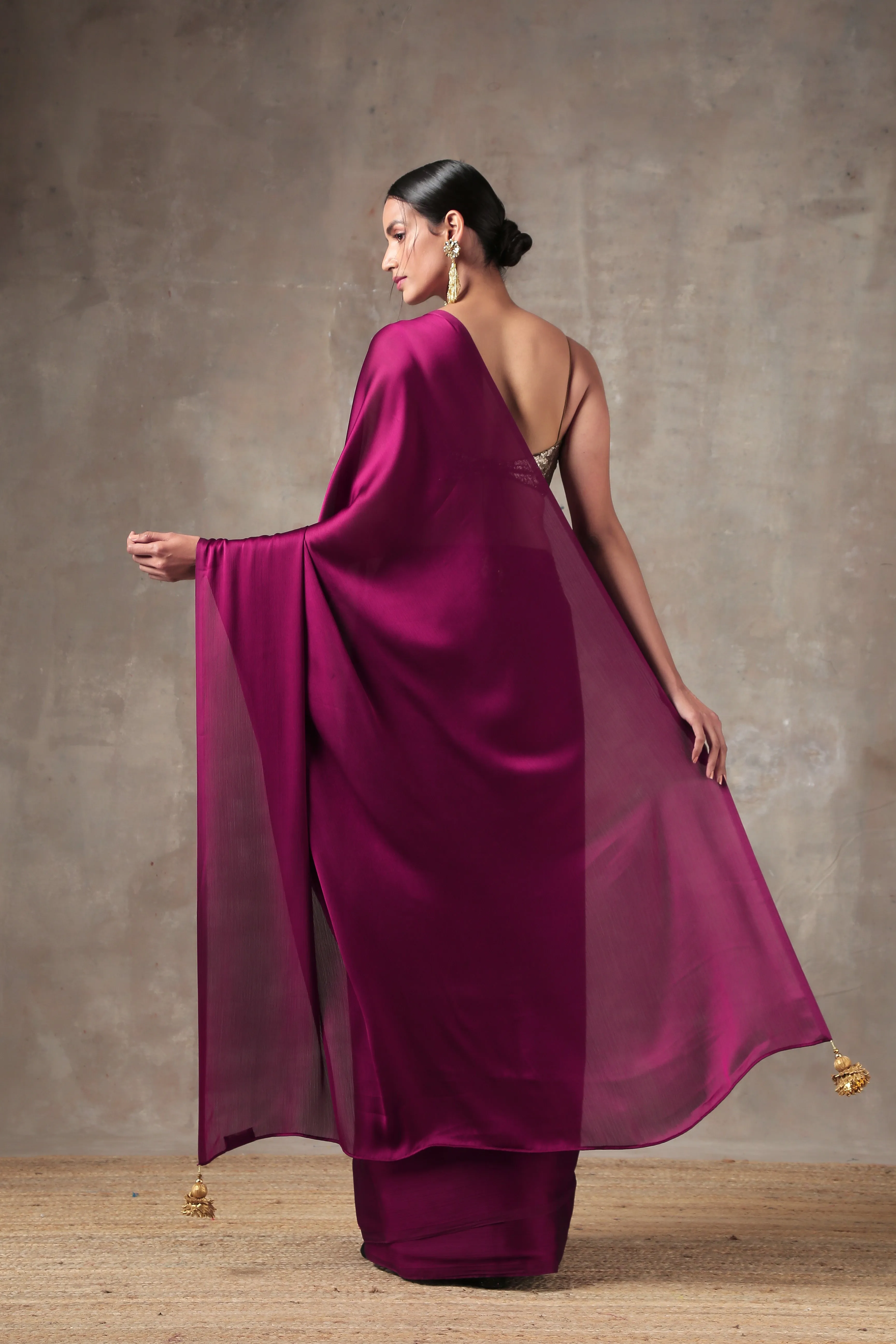 Wine Satin Saree with Bronze Pendants