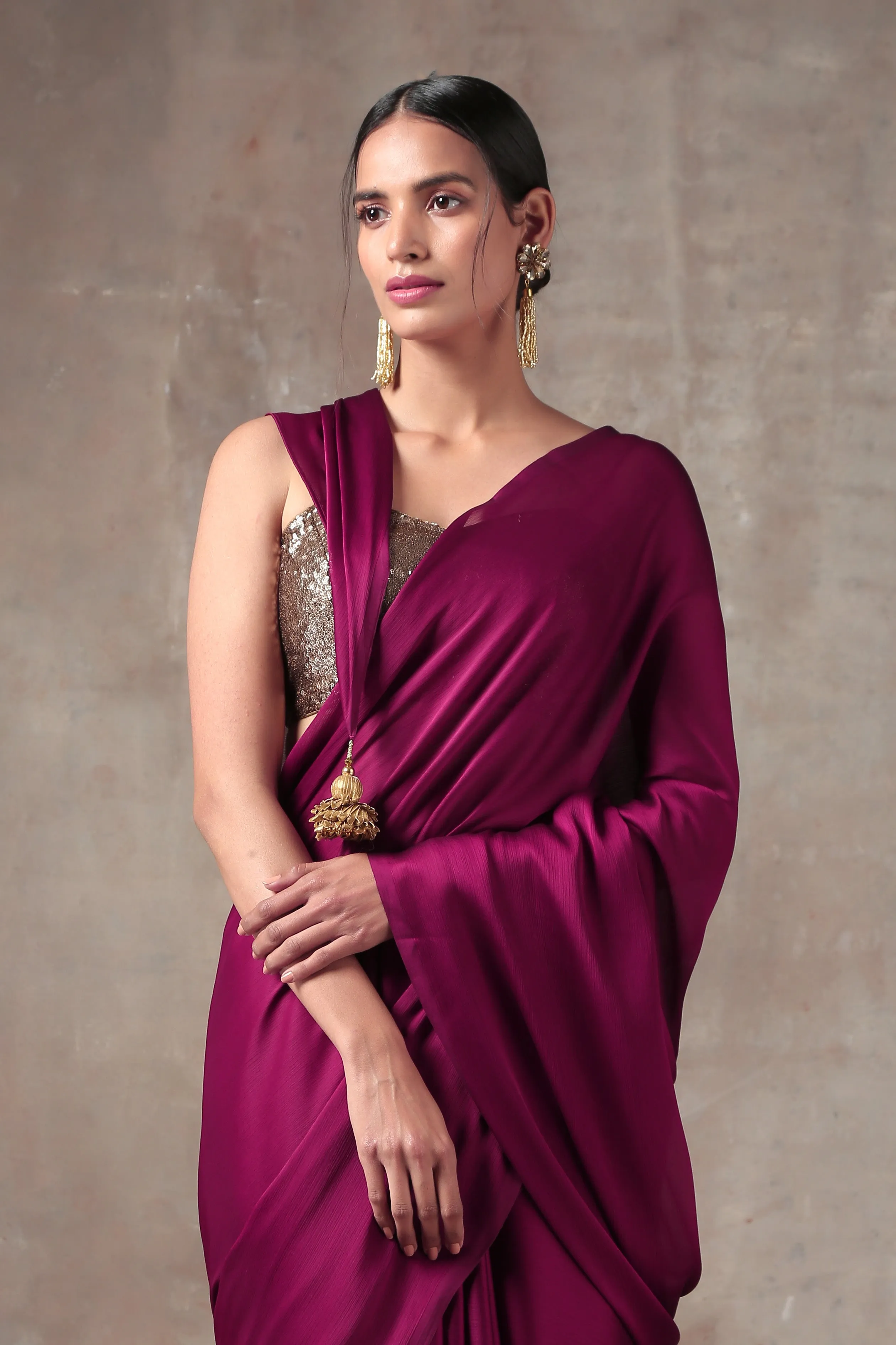 Wine Satin Saree with Bronze Pendants