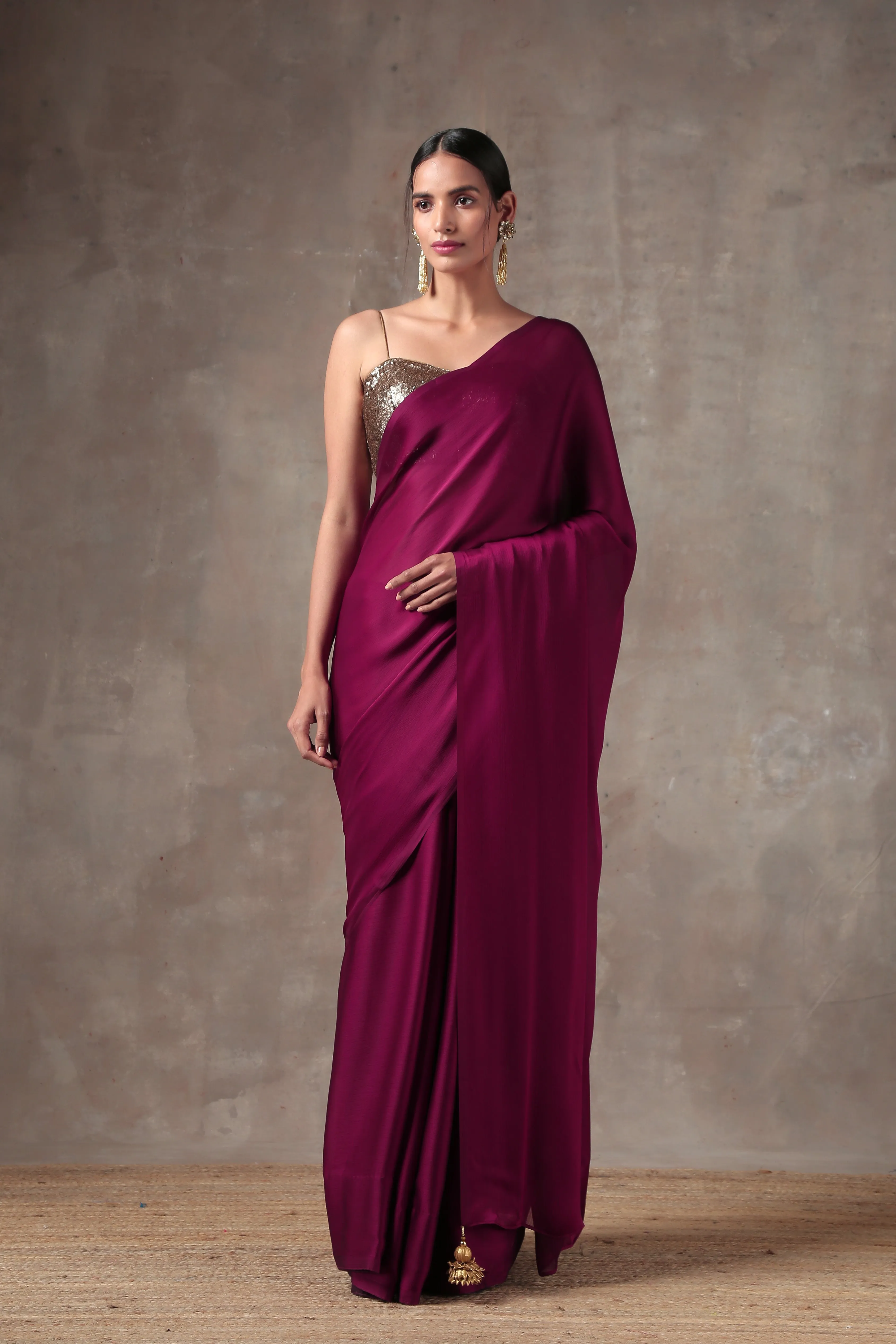 Wine Satin Saree with Bronze Pendants