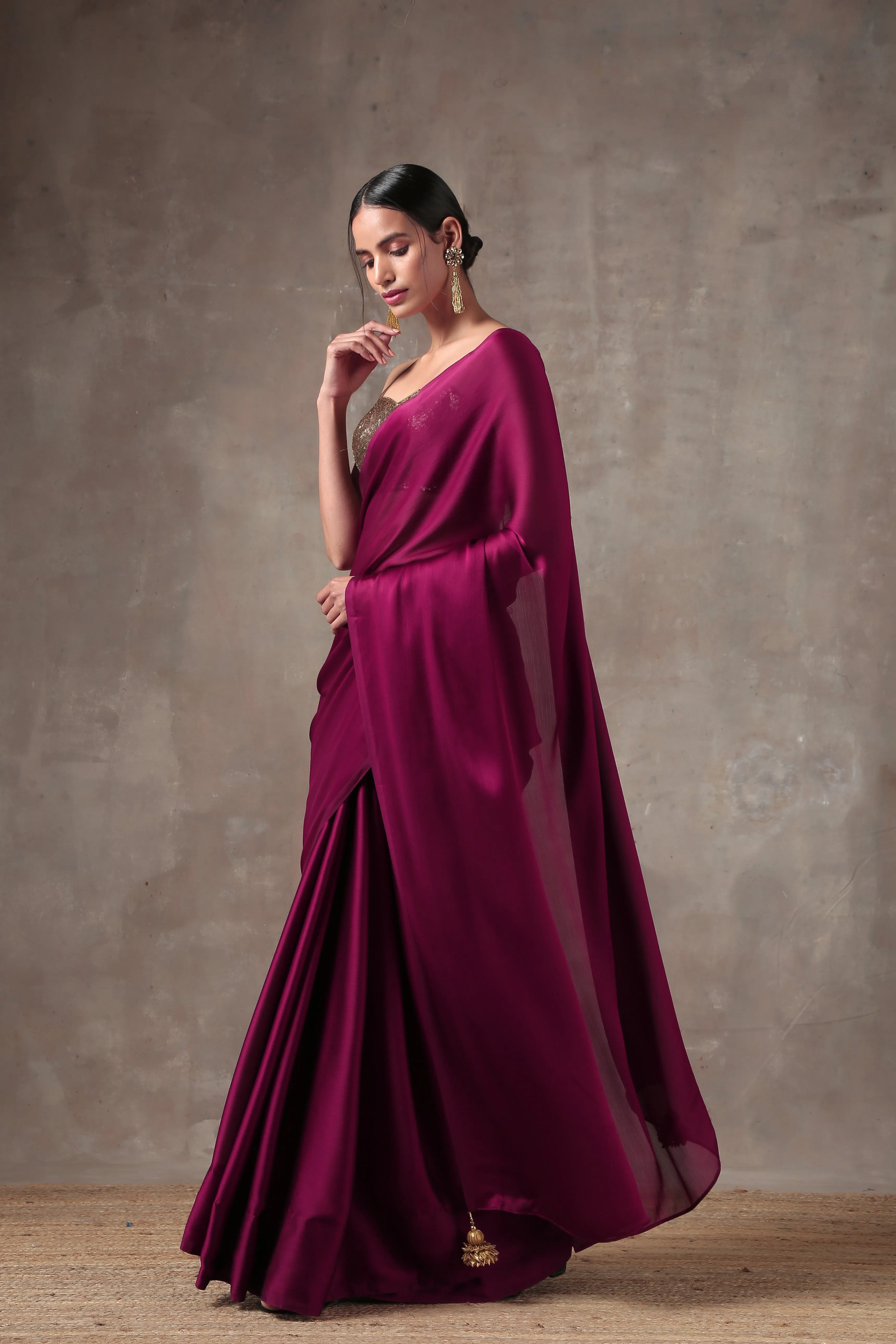 Wine Satin Saree with Bronze Pendants