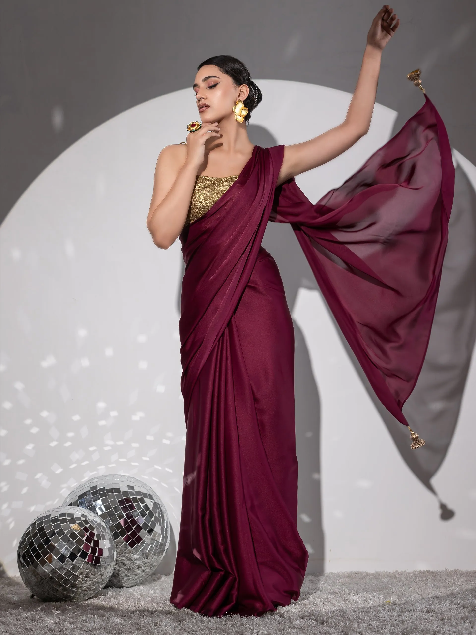 Wine Satin Saree with Bronze Pendants