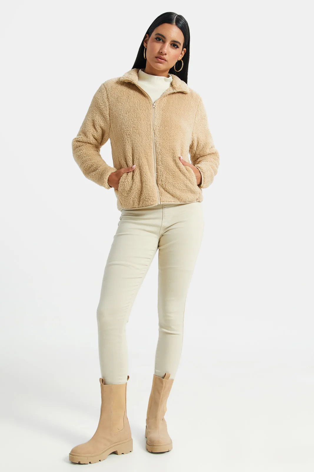 Women Beige Polar Fleece Zip Through Sweatshirt