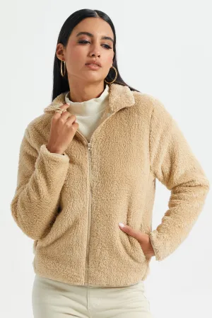 Women Beige Polar Fleece Zip Through Sweatshirt