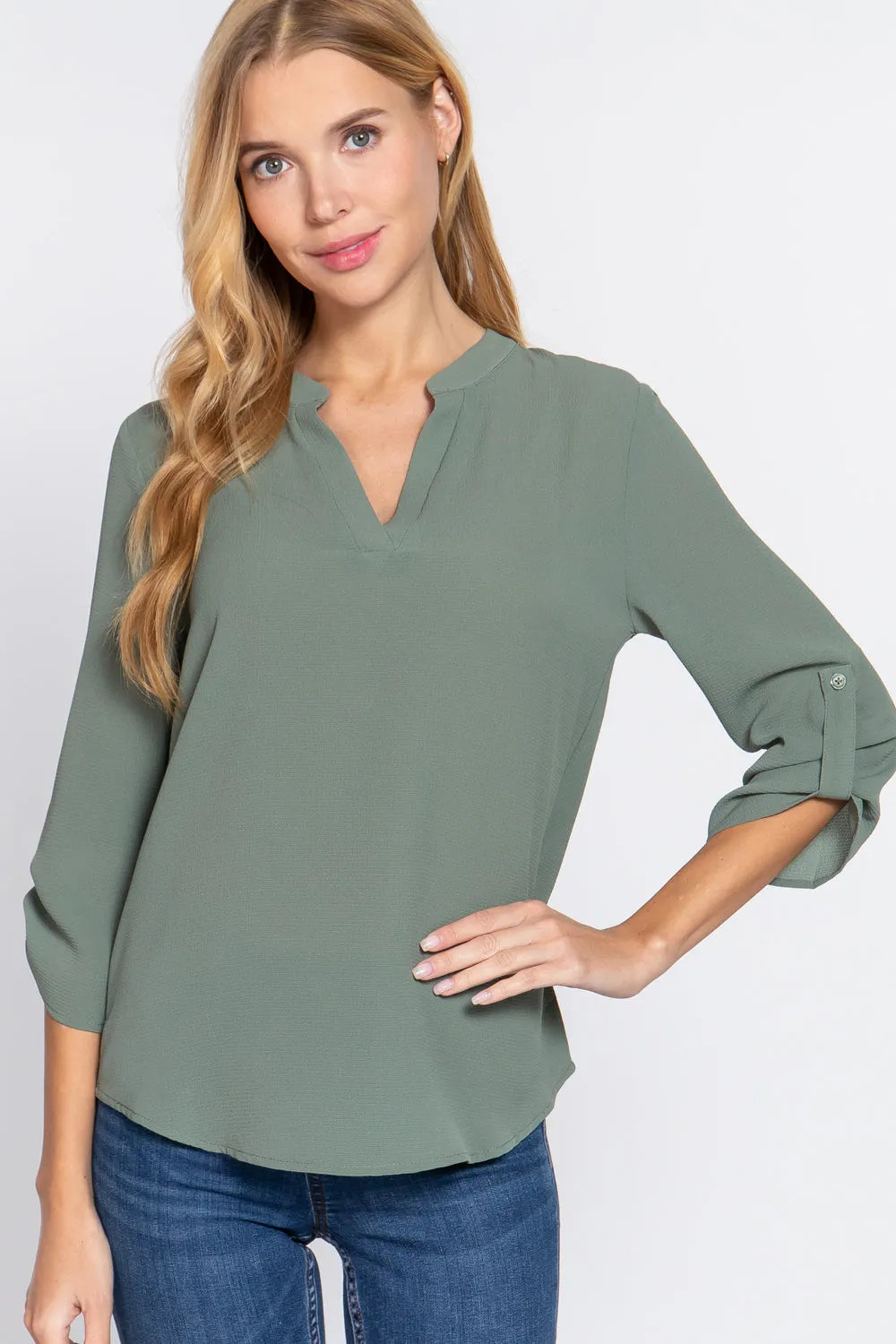 Women's 3/4 Roll Up Slv Woven Blouse