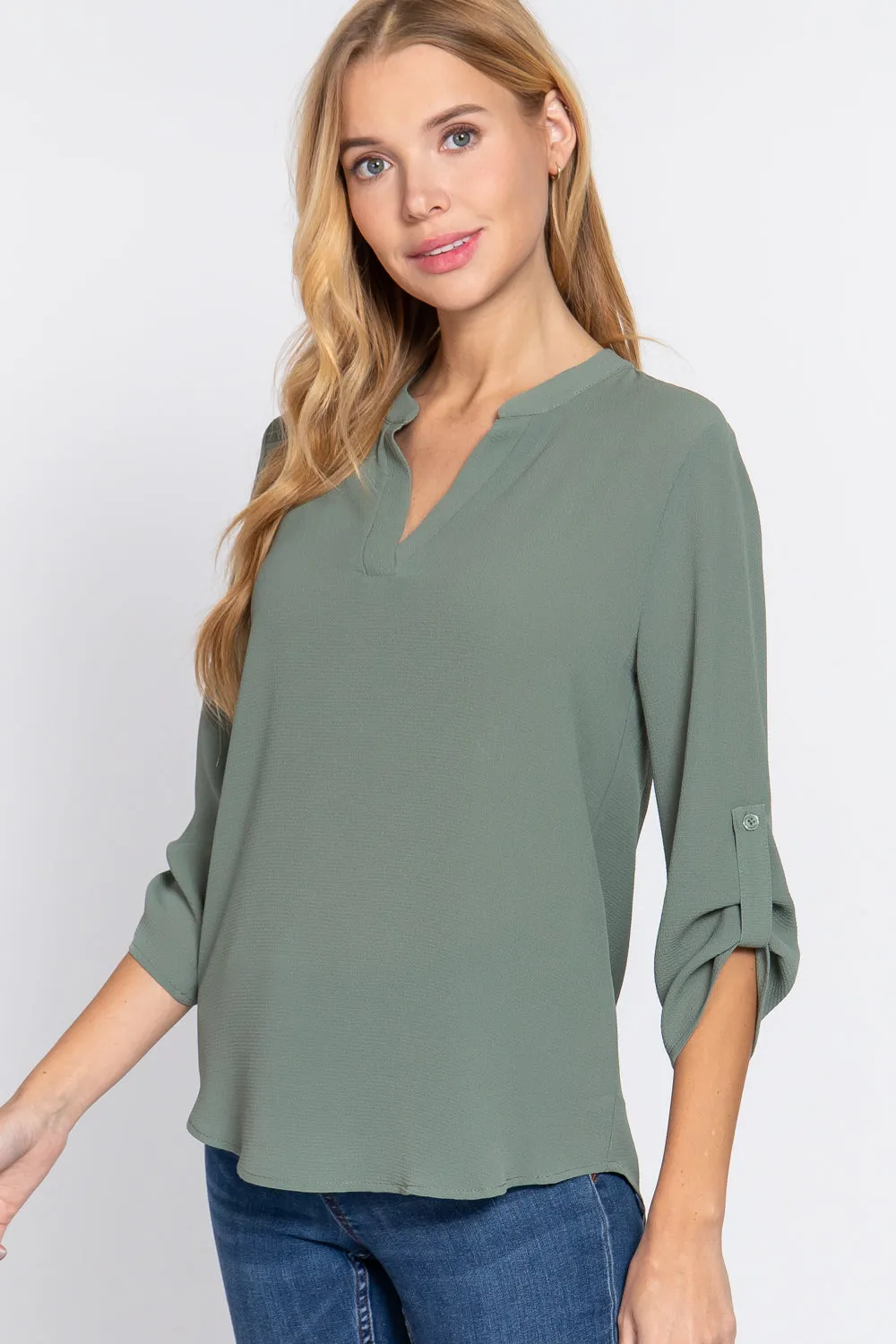 Women's 3/4 Roll Up Slv Woven Blouse