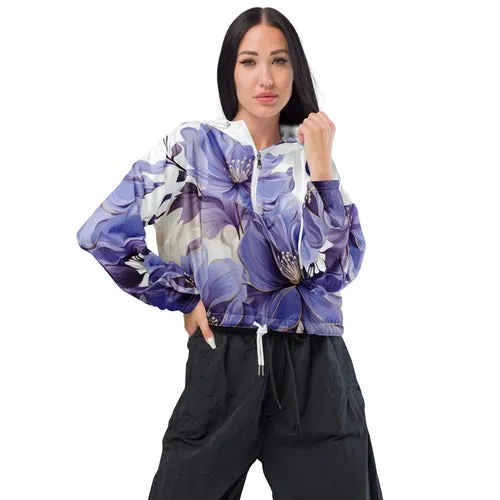 Womens Cropped Windbreaker Jacket, Purple Botanical Blooms