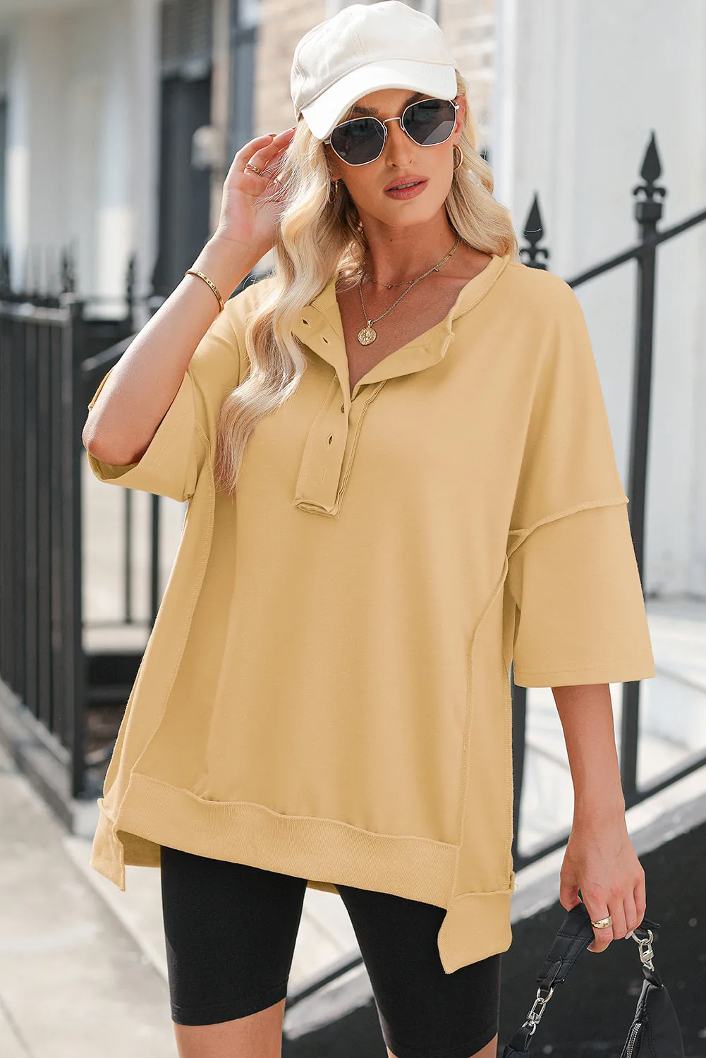 Women's Oversized T Shirts Casual Short Sleeve Henley Neck Summer Tops Tees